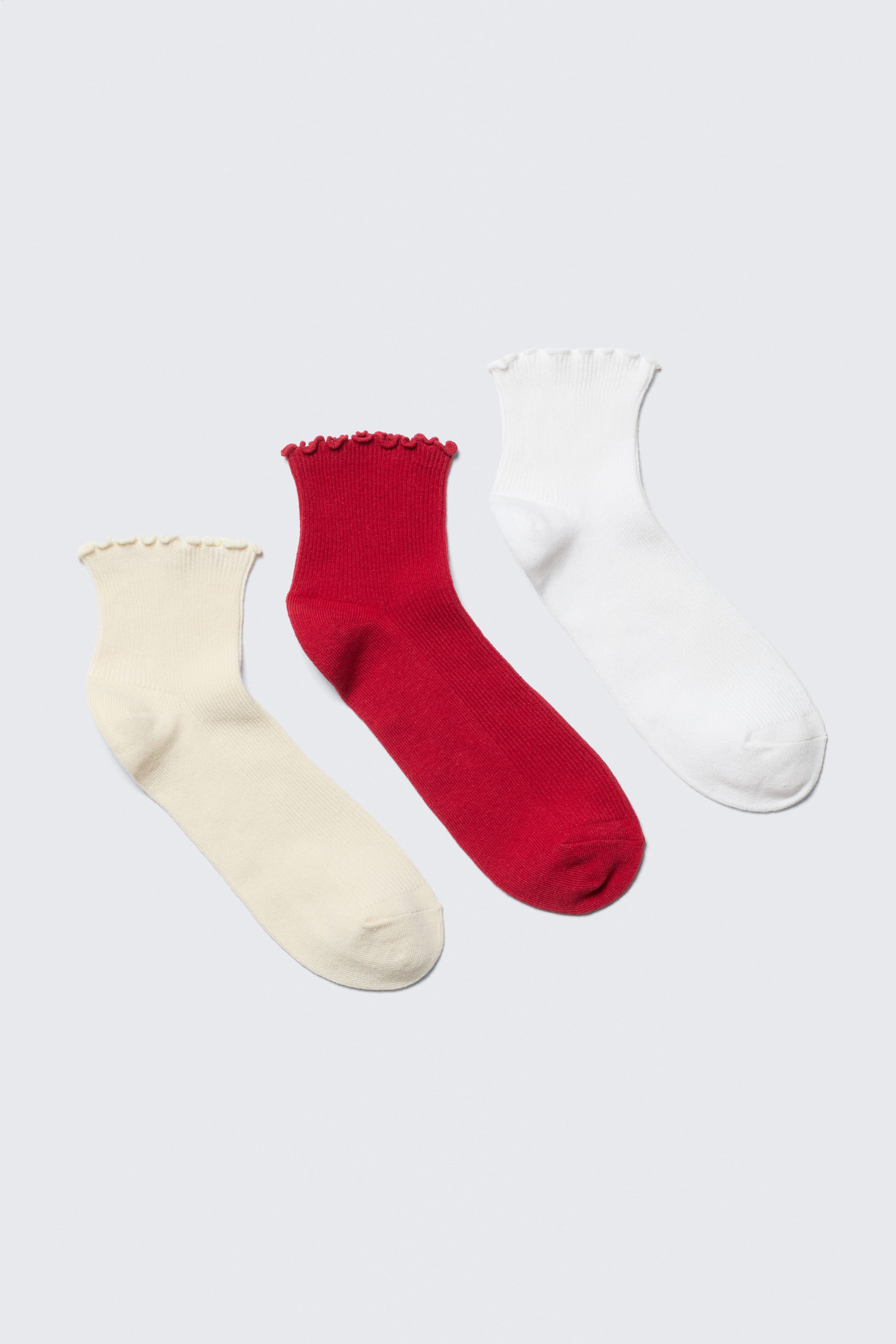 Beige/Red/White - 3-pack Frill Edge Short Socks