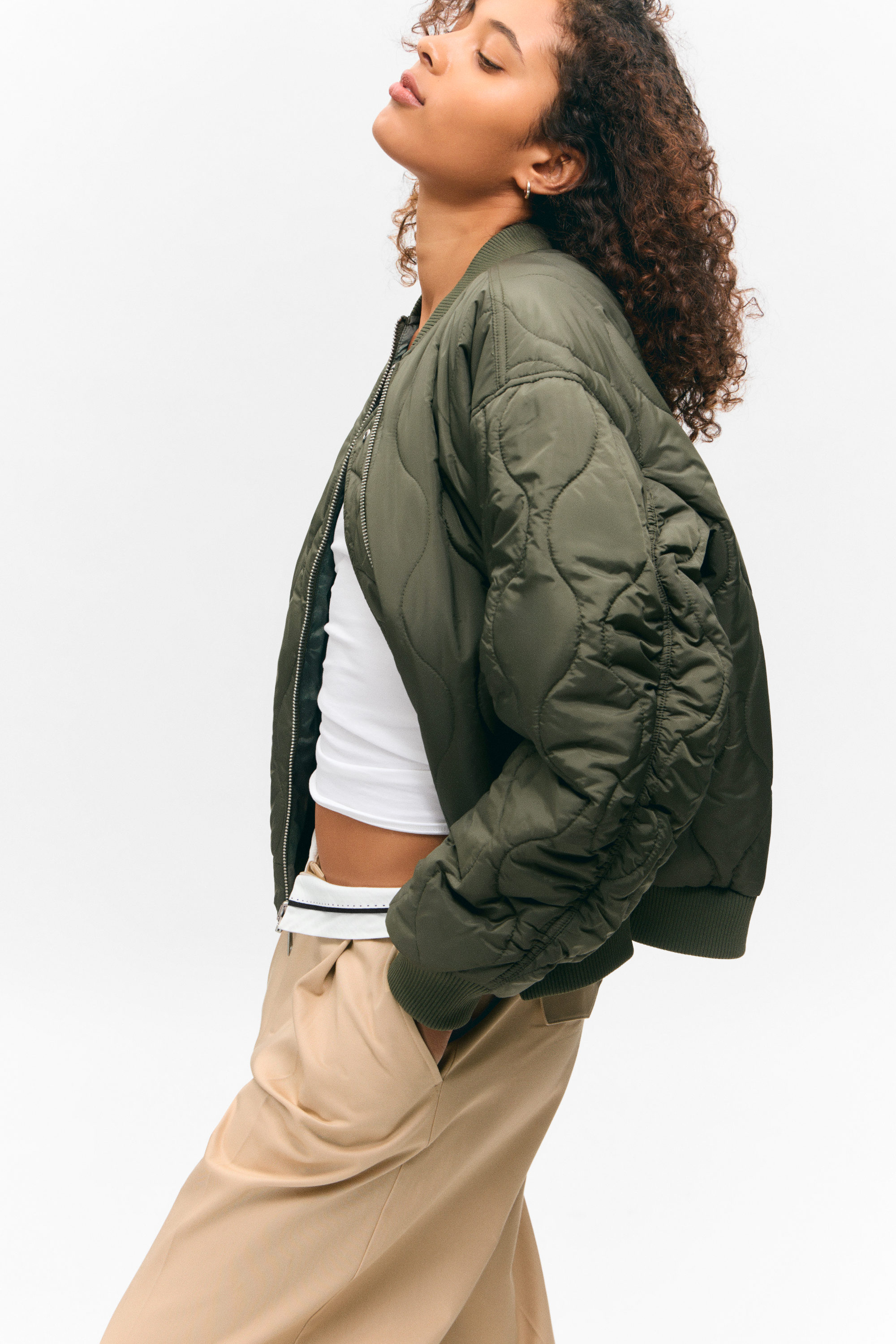 Dark Khaki - Floral - Loose Reversible Bomber Jacket - 2