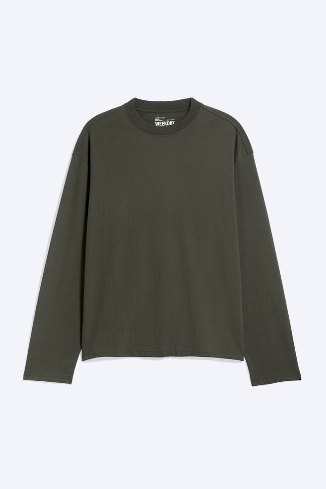 Loose Boxy Long-Sleeved T-shirt - Dark Khaki Green/White/Black/Dark Brown/Washed Dark Grey/Striped Lilac/Black/Dark Mole/White & Navy Stripes/Striped White/Black/Blue & White Stripe/Dark Purple/Striped Green/White/Striped White & Dark Red/Dusty Blue/White/Grey Stripe - 1