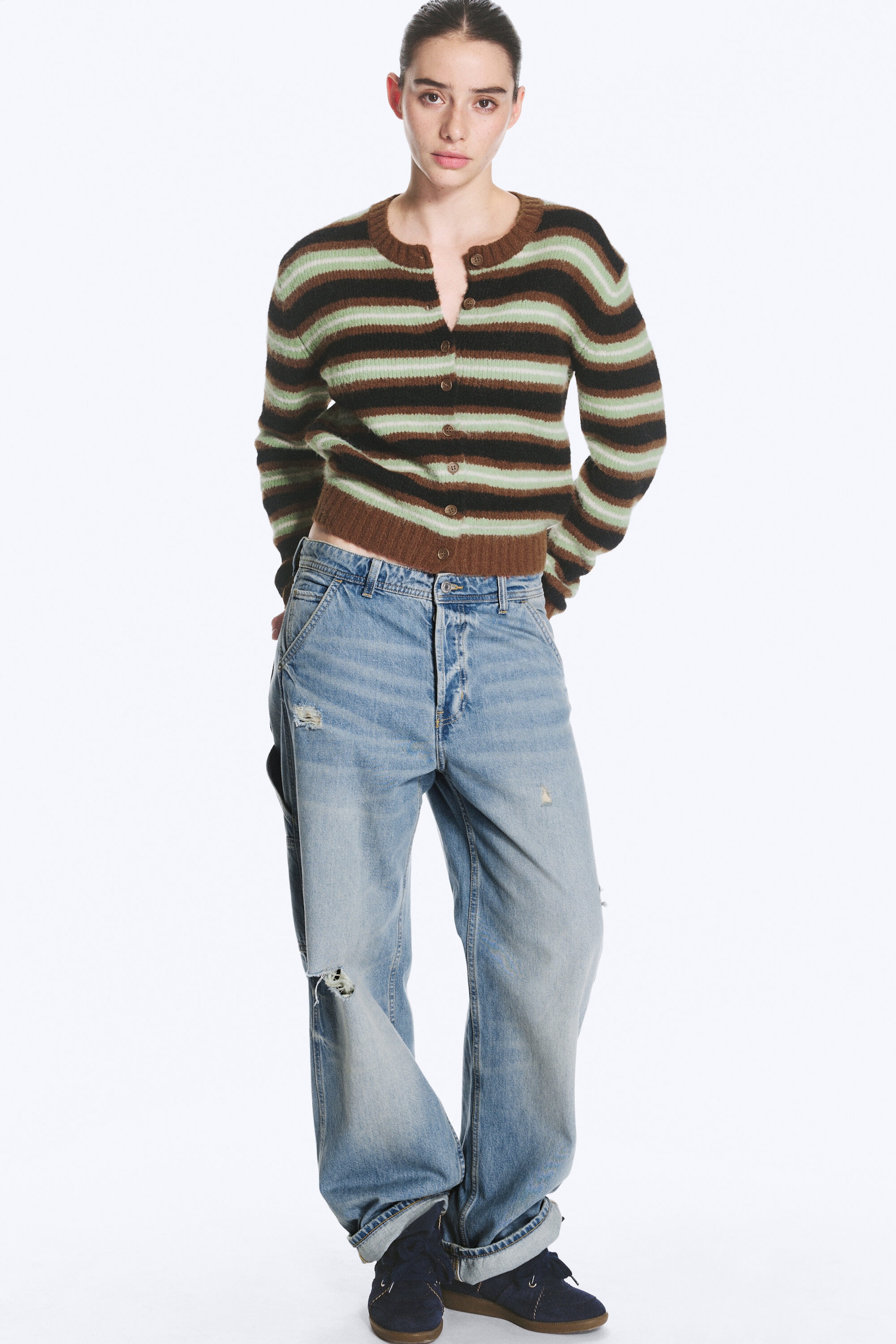 Brown/Black/Green Stripes - Brushed Knit Buttoned Cardigan - 2