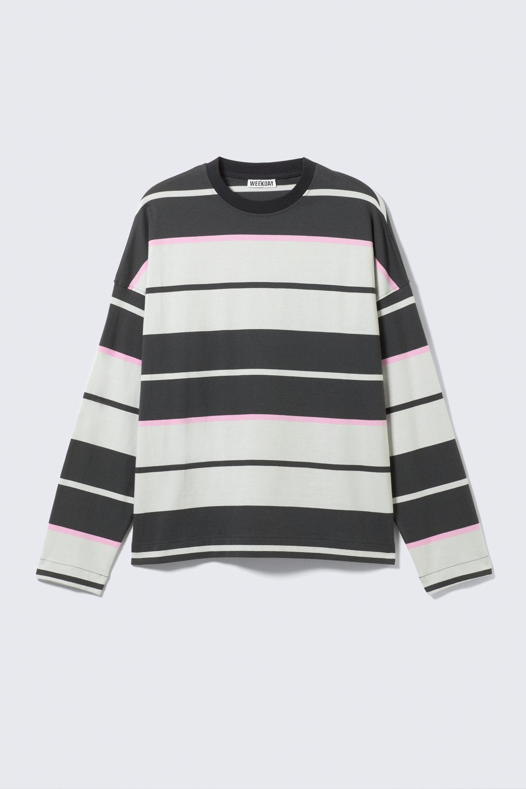 Grey & Pink Stripe - Square Long-Sleeved Cotton T-shirt - 3