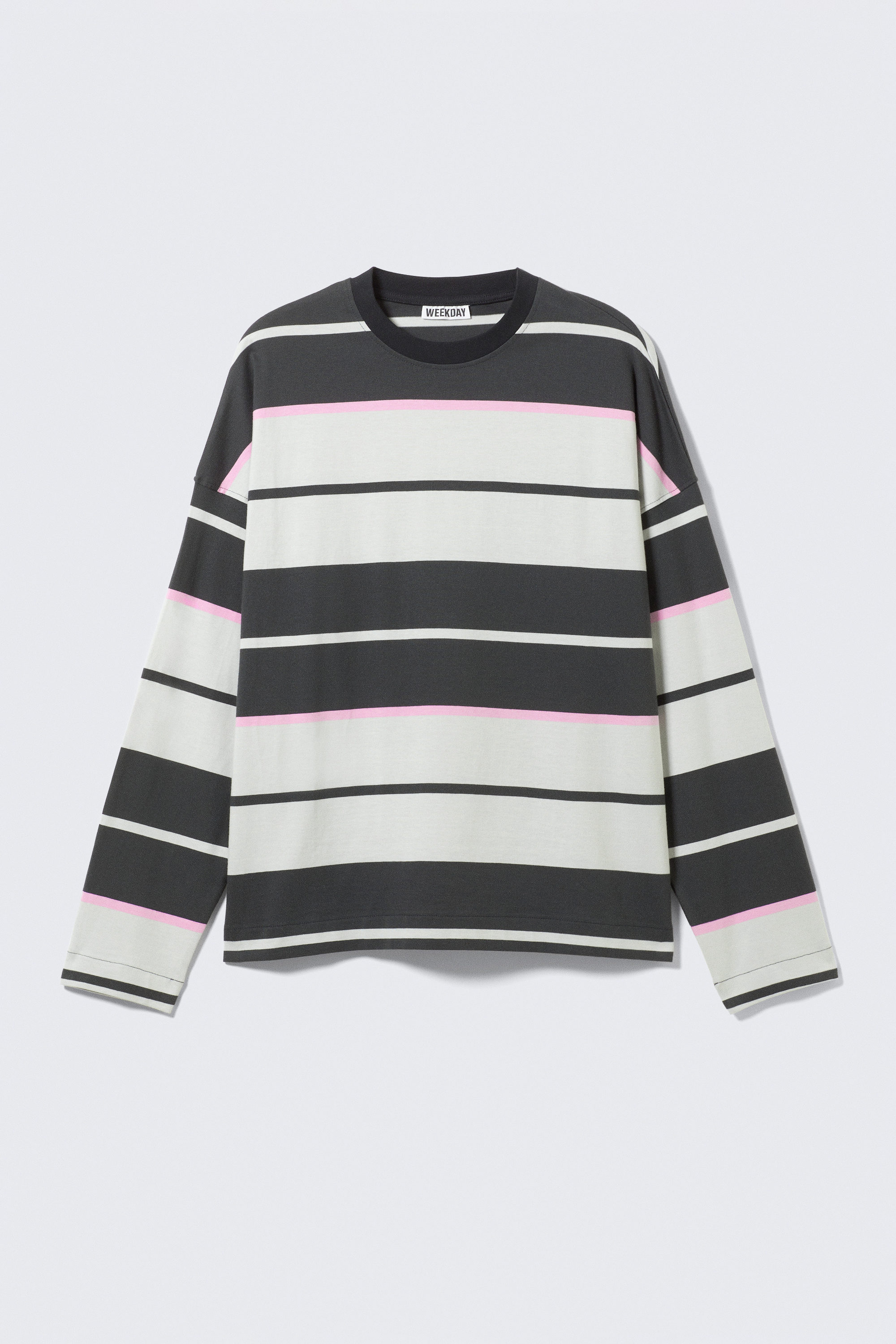 Grau & Pink gestreift - Quadratisches langärmeliges T-Shirt aus Baumwolle - 0