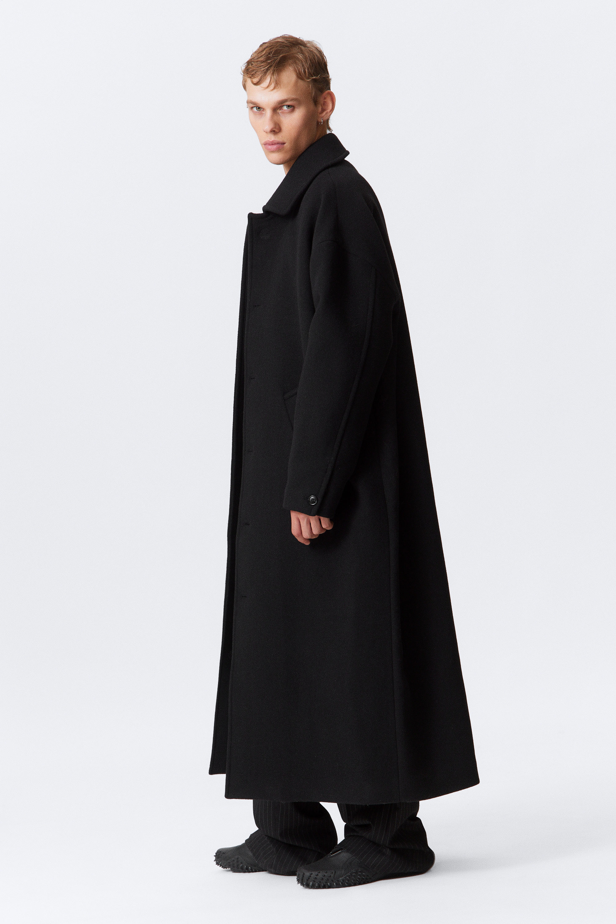 Black - Long Oversized Wool-Blend Coat - 3