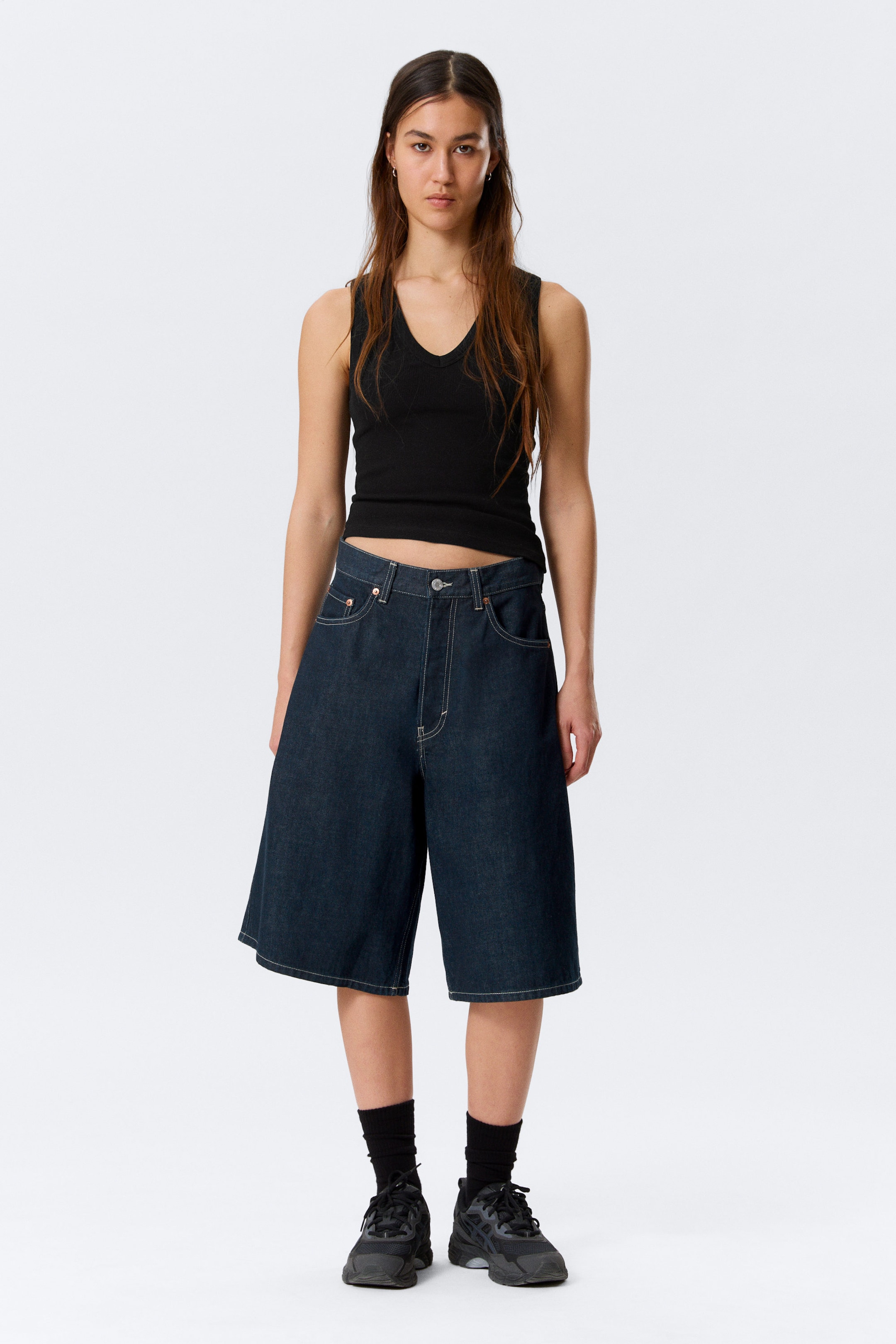 Blue Rinse - Dark Blue - Astro Mid Rise Loose Baggy Denim Shorts - 1