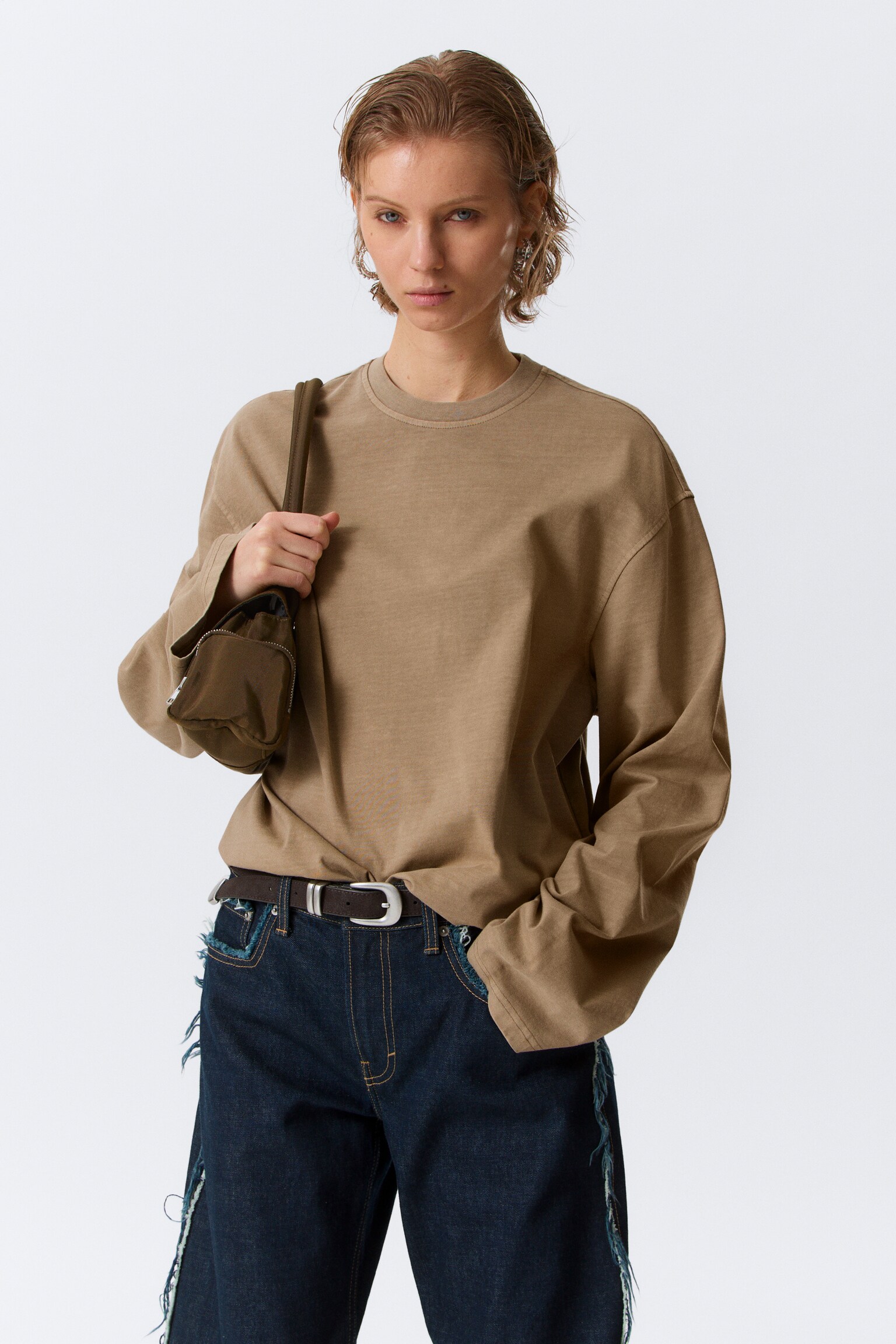 Oversized-T-Shirt mit langen Ärmeln - Gewaschenes Dunkelbeige/Schwarz/Weiß/Dunkles Marineblau - 3