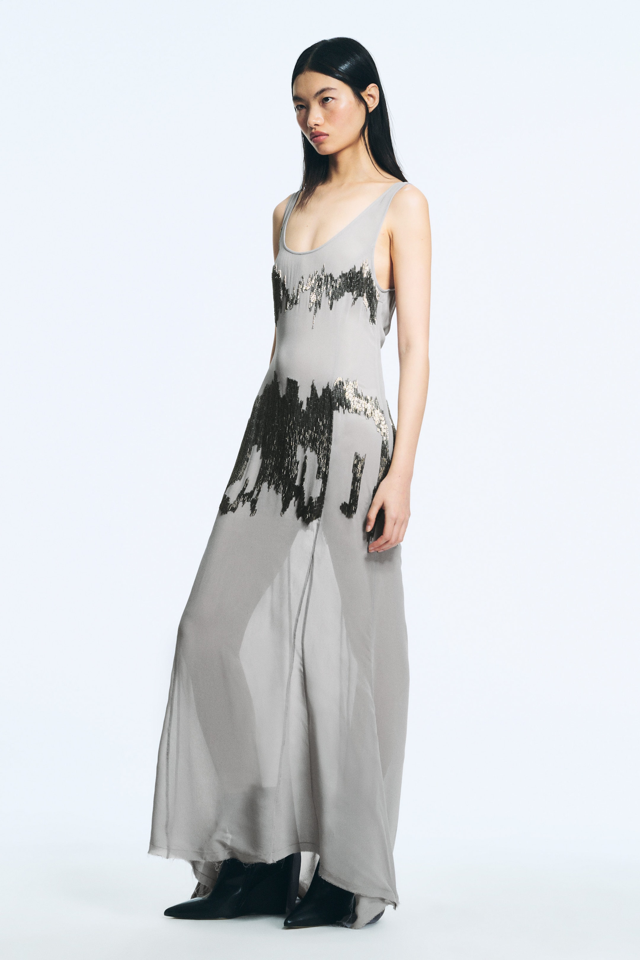 Beaded Light Grey - Long Beaded Sleeveless Dress - 2