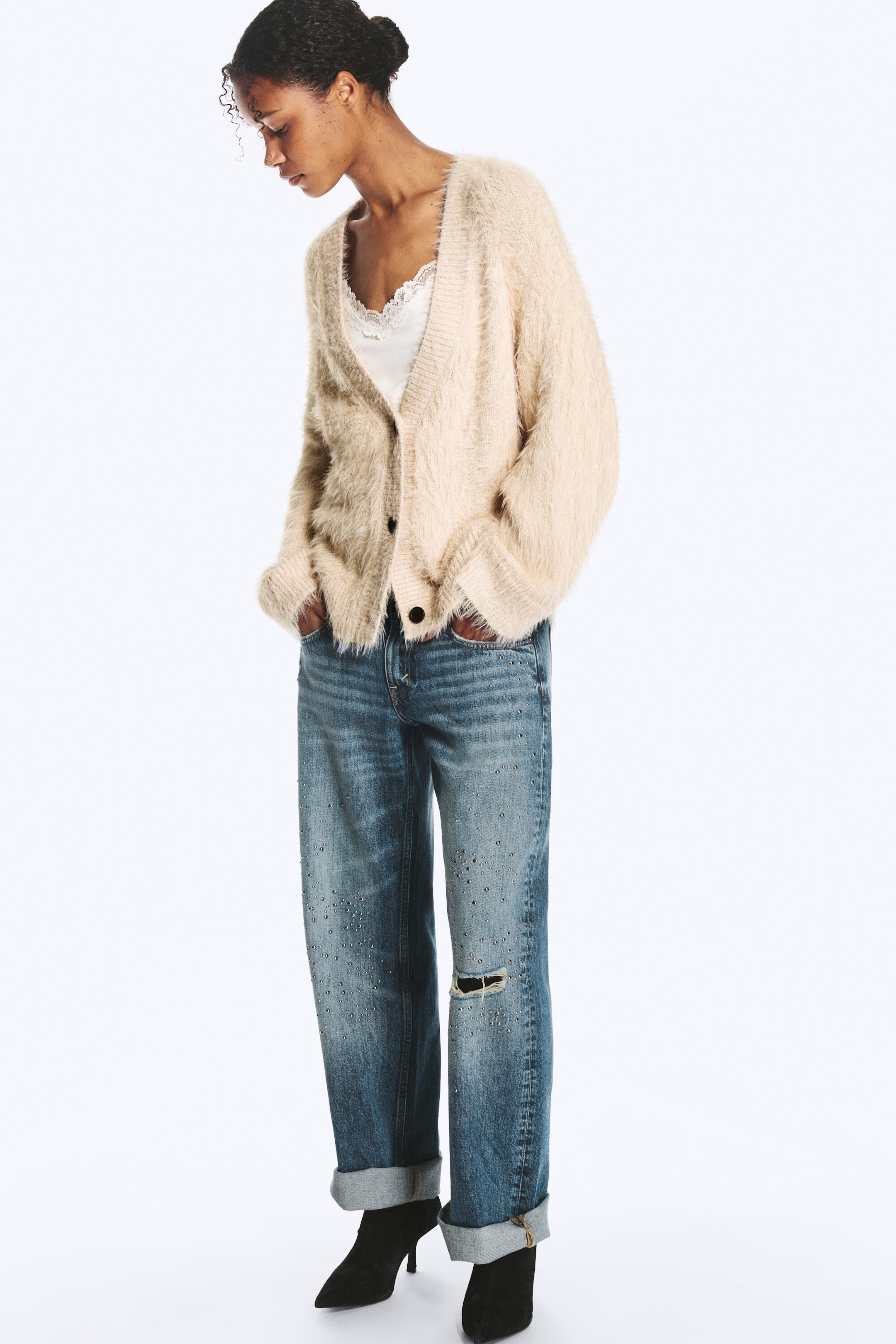 Beige - Cardigan oversize à col en V - 2