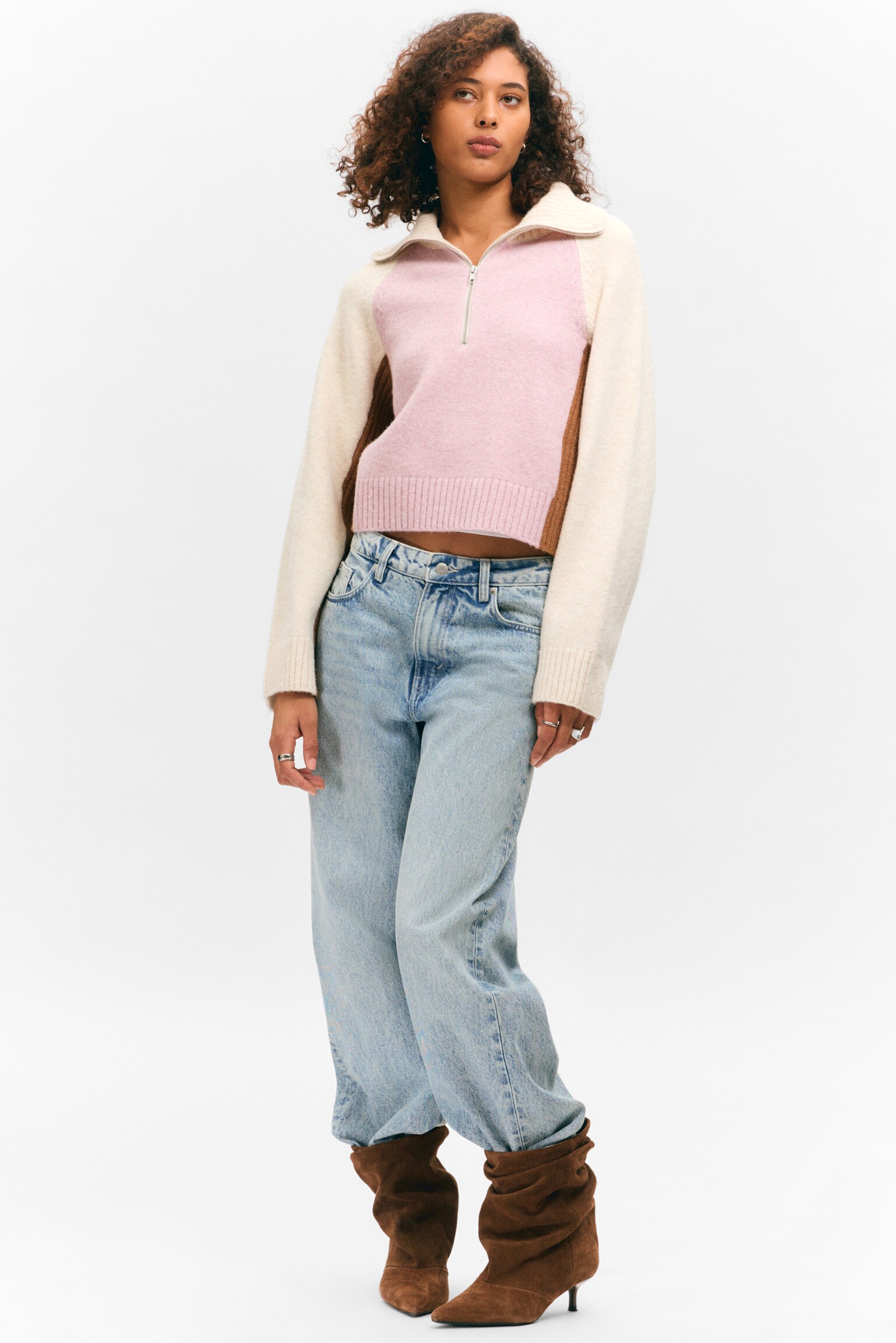 Kort Half-Zip Strikket Sweater - Støvet pink & cremehvid/Støvet lysegrå melange - 1