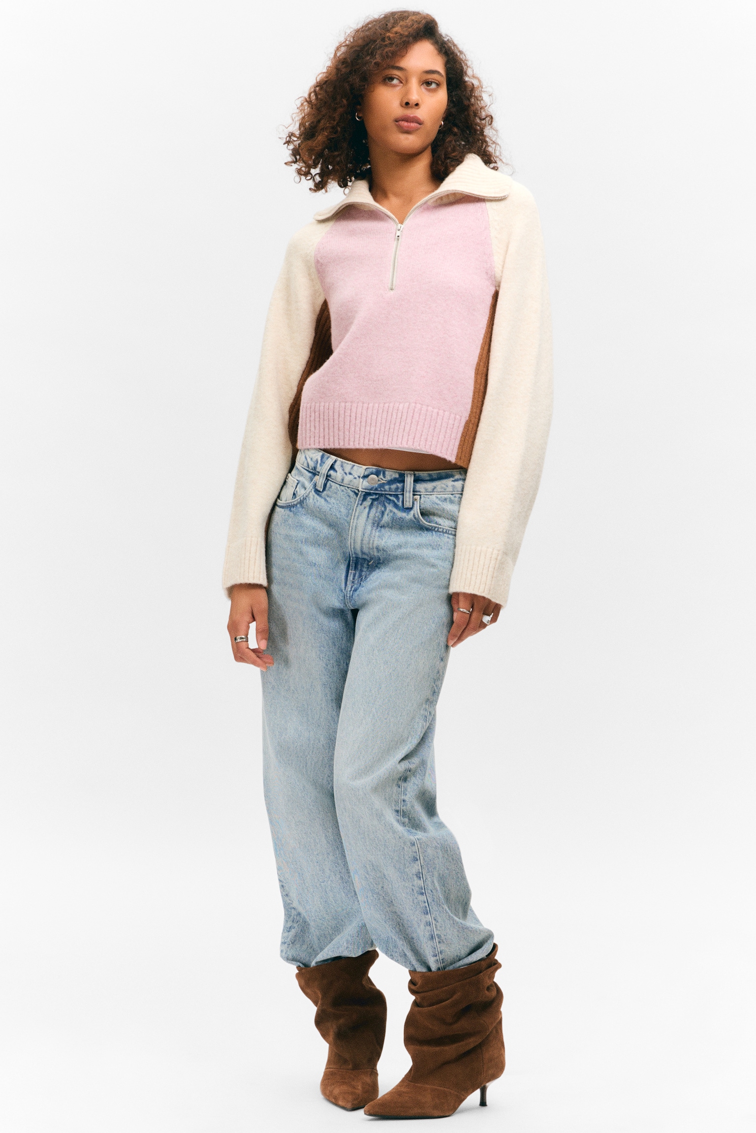 Short Half-Zip Knitted Sweater - Dusty Pink & Cream White/Dusty Light Grey Melange - 1