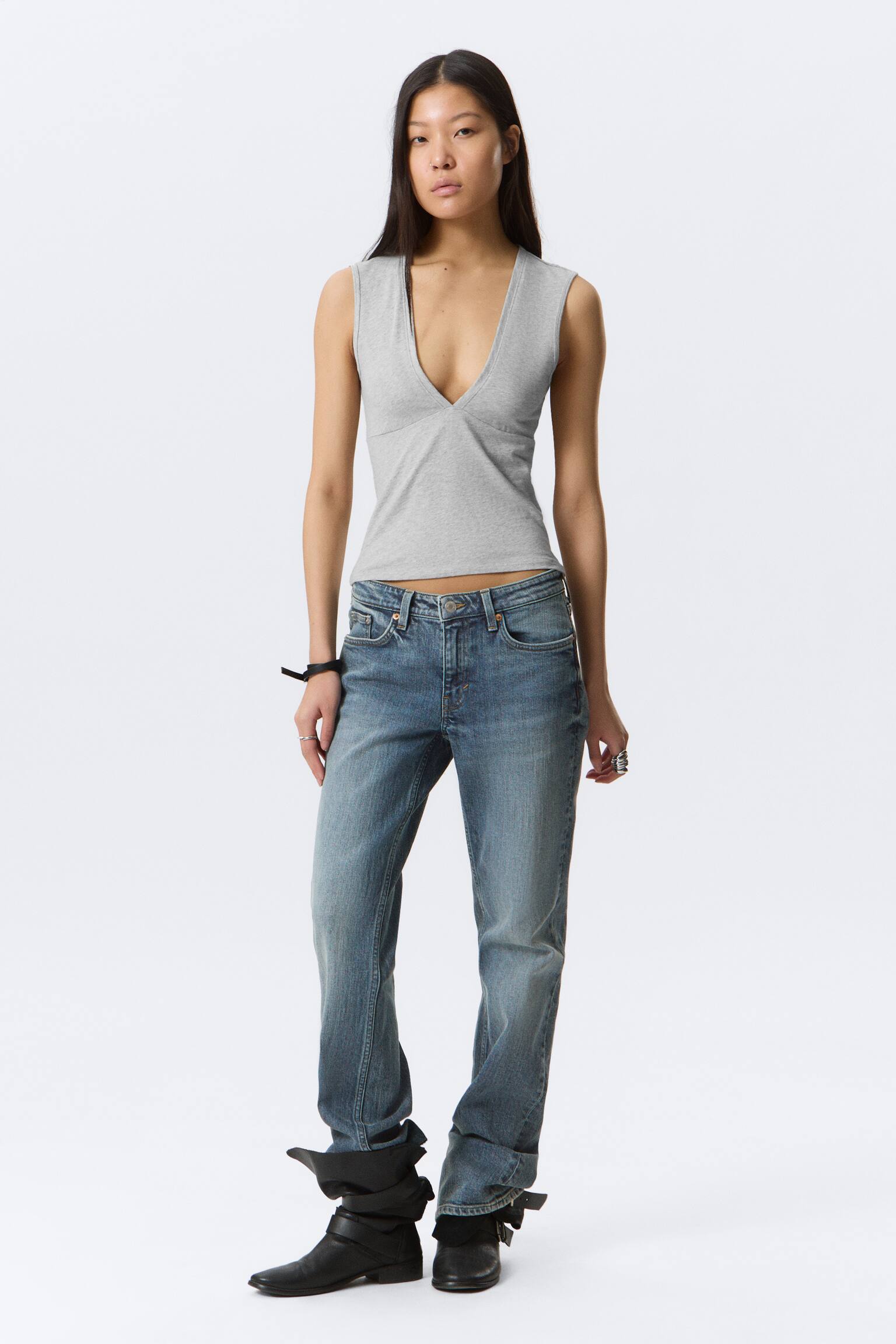 Mouwloze top met V-hals - Lichtgrijs gemêleerd - 4