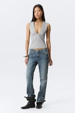 Light Grey Melange - Fitted V-Neck Sleeveless Top - 1