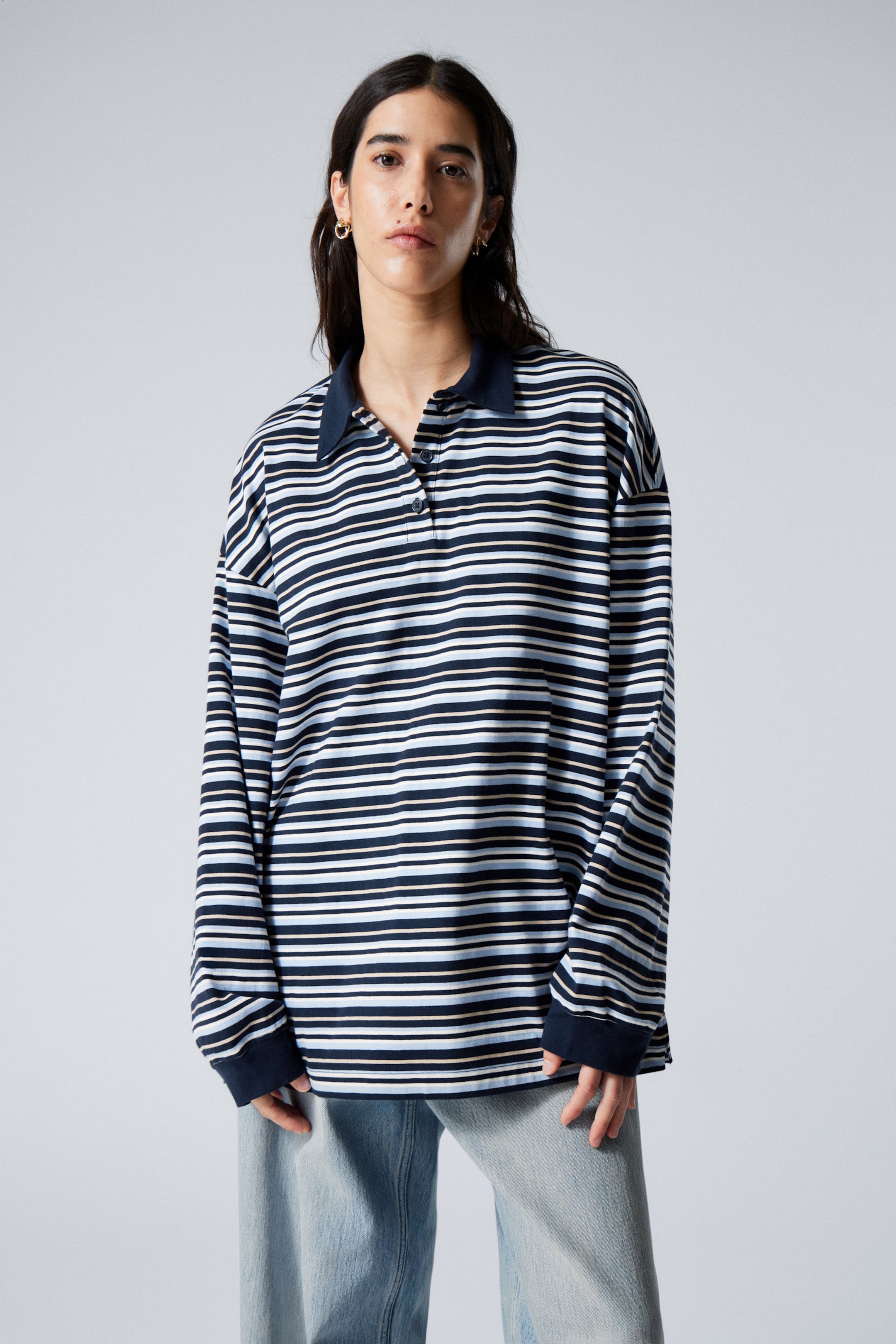 Randig mörkblå - Randig oversized pikétröja - 2