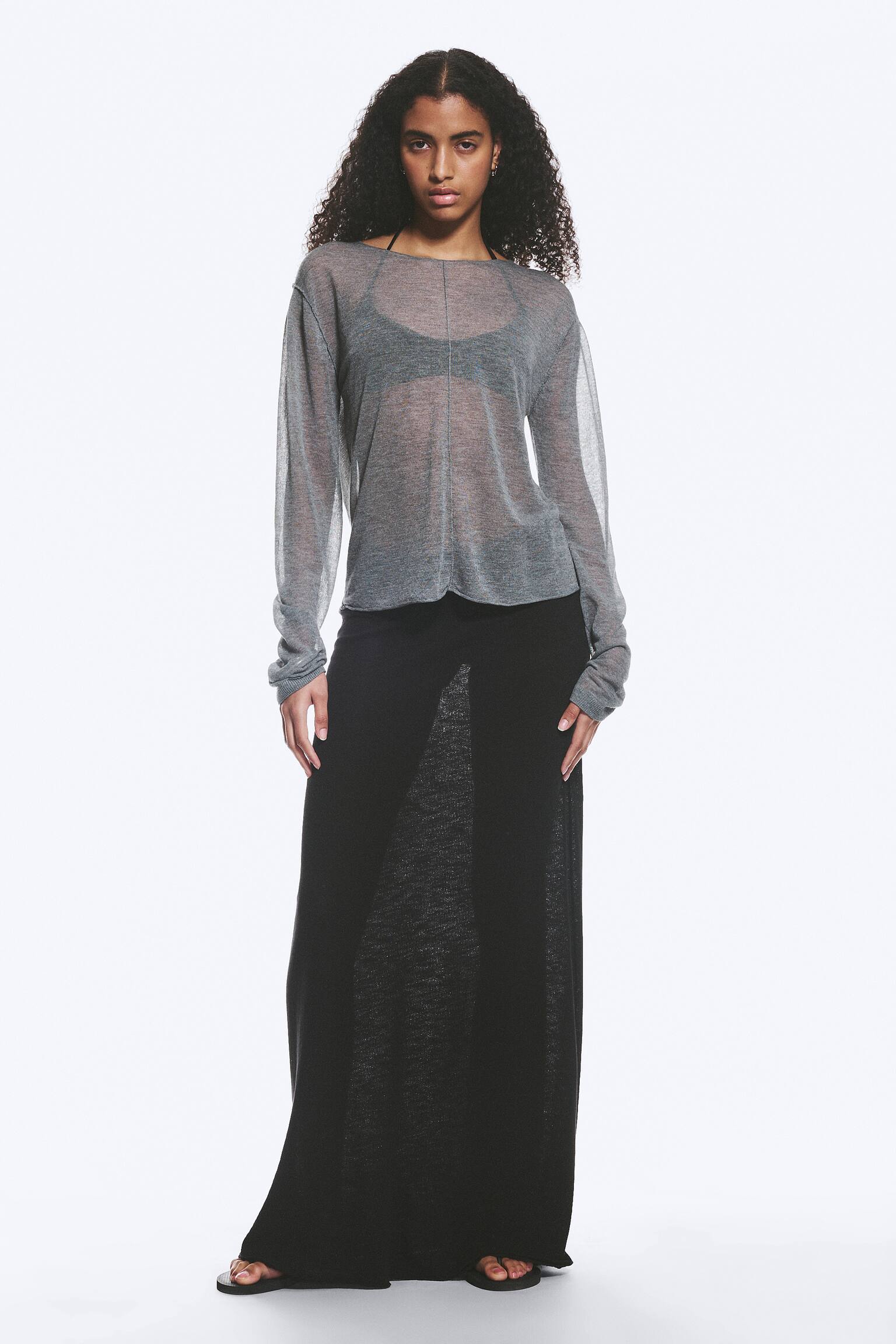 Løstsiddende transparent strikket sweater - Gråmeleret - 6
