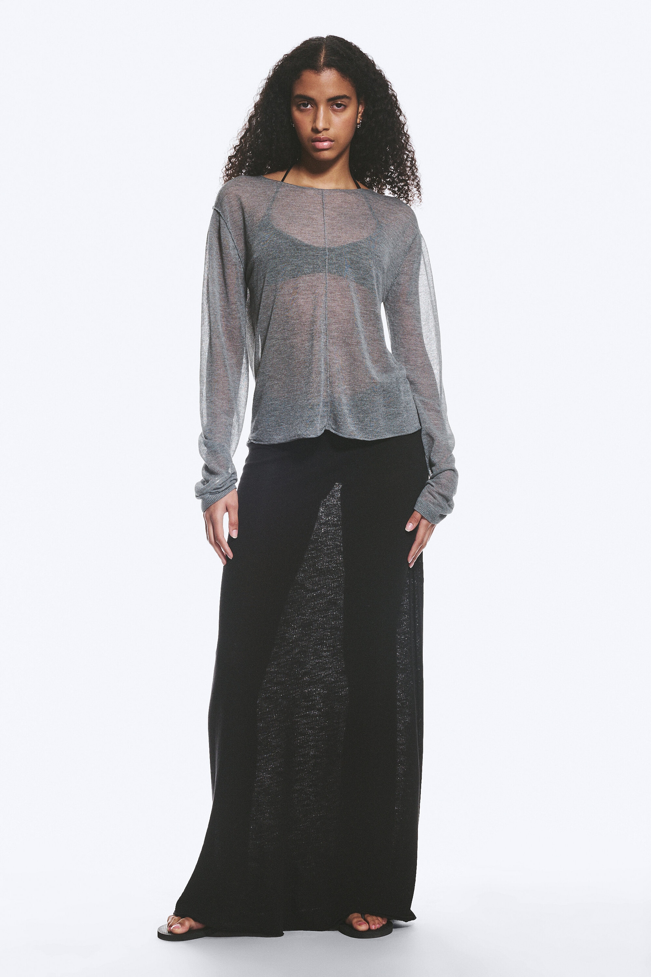 Grau meliert - Lockerer, transparenter Strickpullover - 2