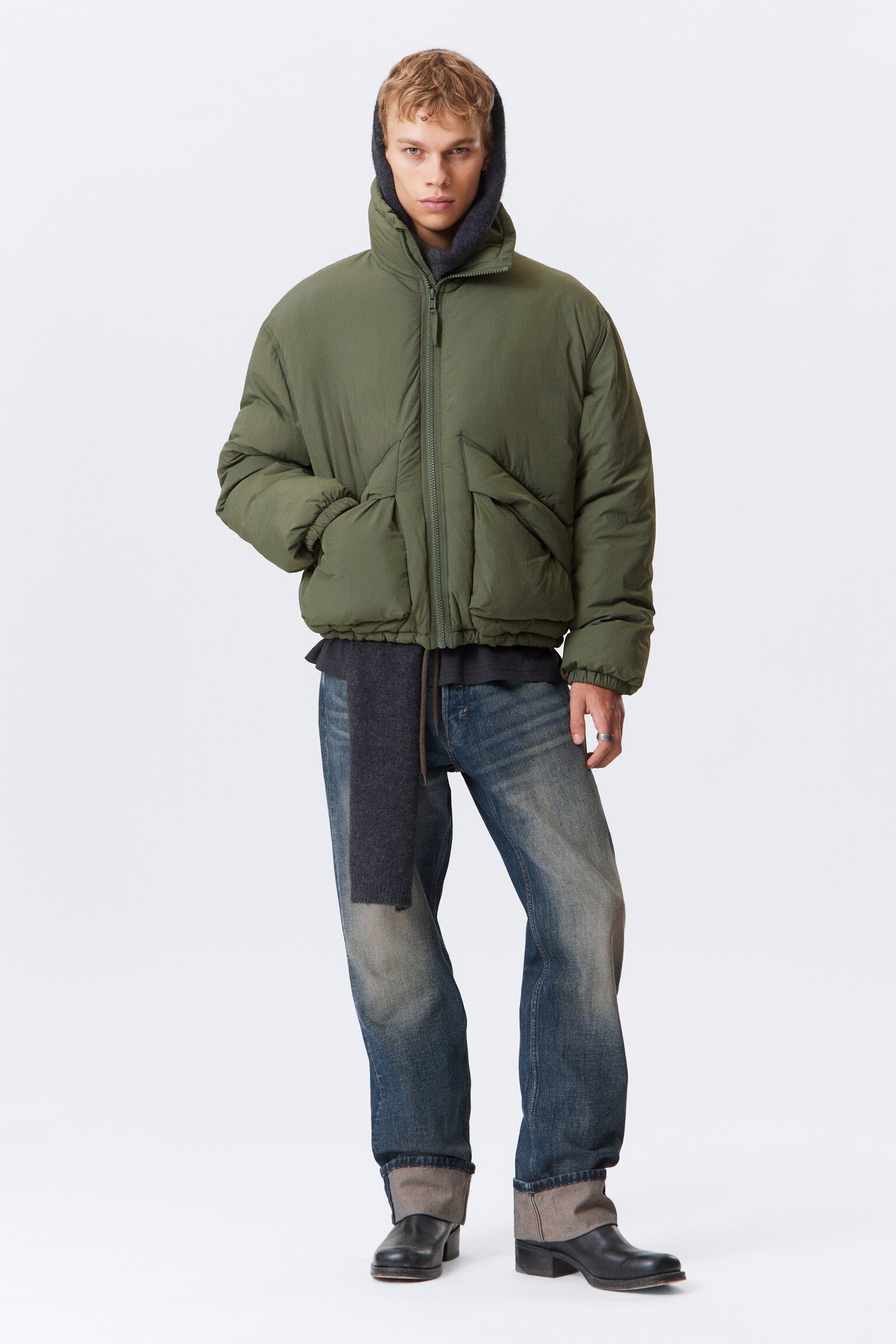 Drawstring Nylon Puffer Jacket - Sage Green/Black