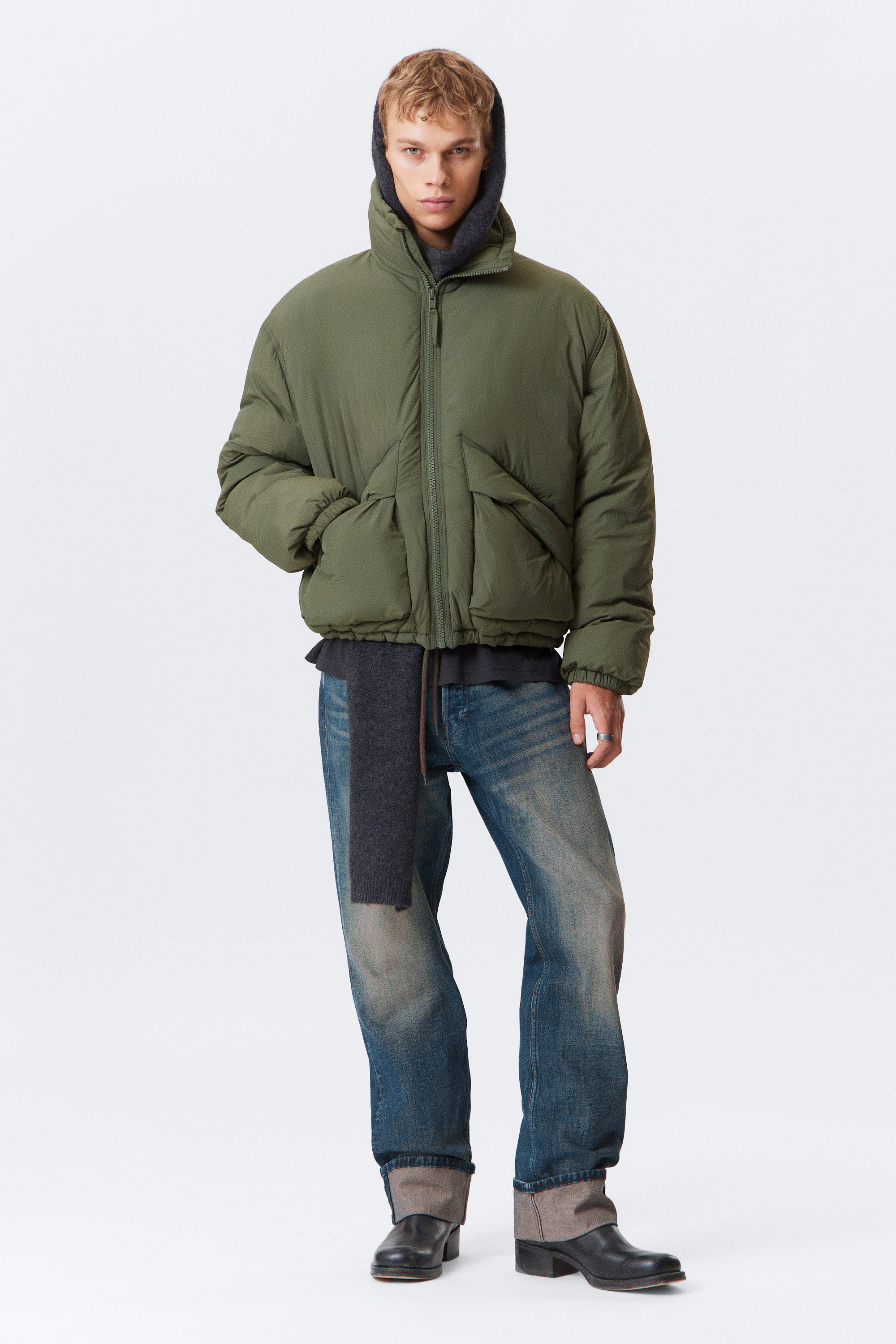 Sage Green - Drawstring Nylon Puffer Jacket - 1