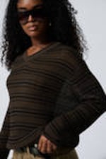 Striped Dark Brown - Relaxed Knitted V-neck Sweater - 1