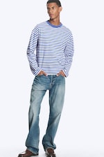 Blue & White Stripe - Loose Boxy Long-Sleeved T-shirt - 2