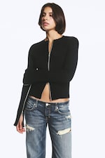 Black - Ribbed Fitted Zip Cardigan - 0