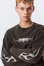 Tvättad svart - Skull Flame - Långärmad Grafisk T-shirt - 2