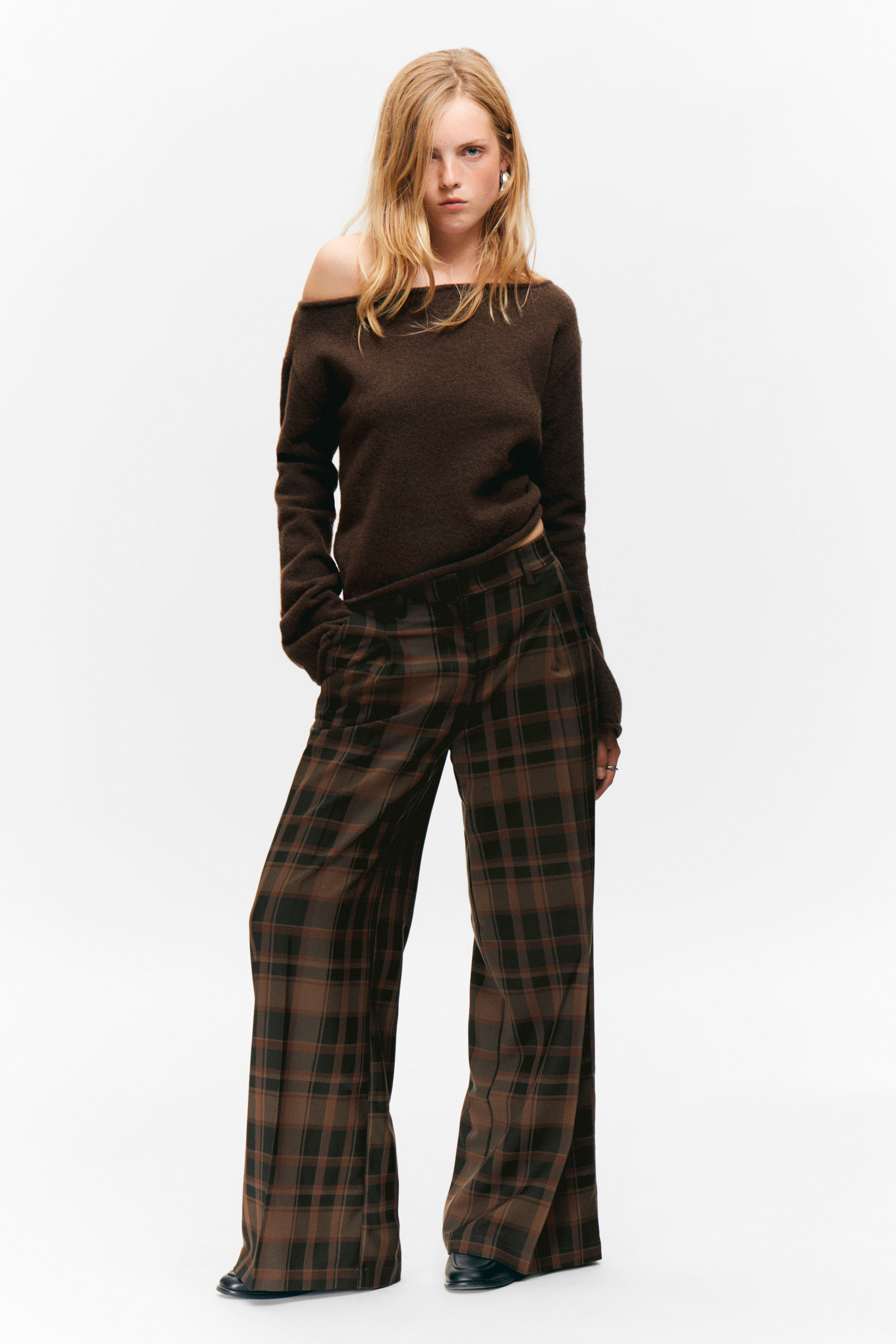 Checked Brown - Twill broek met hoge taille en wijde pijpen - 1