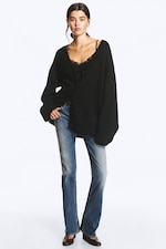Svart - Oversized V-neck Cardigan - 2