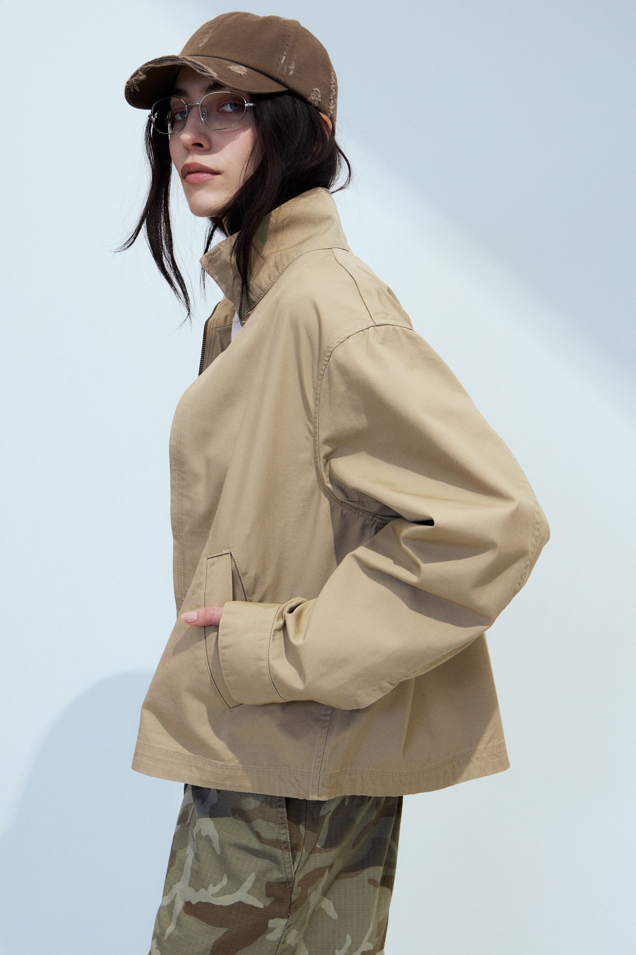 Beige - Relaxed Funnel-Neck Cotton Jacket - 1