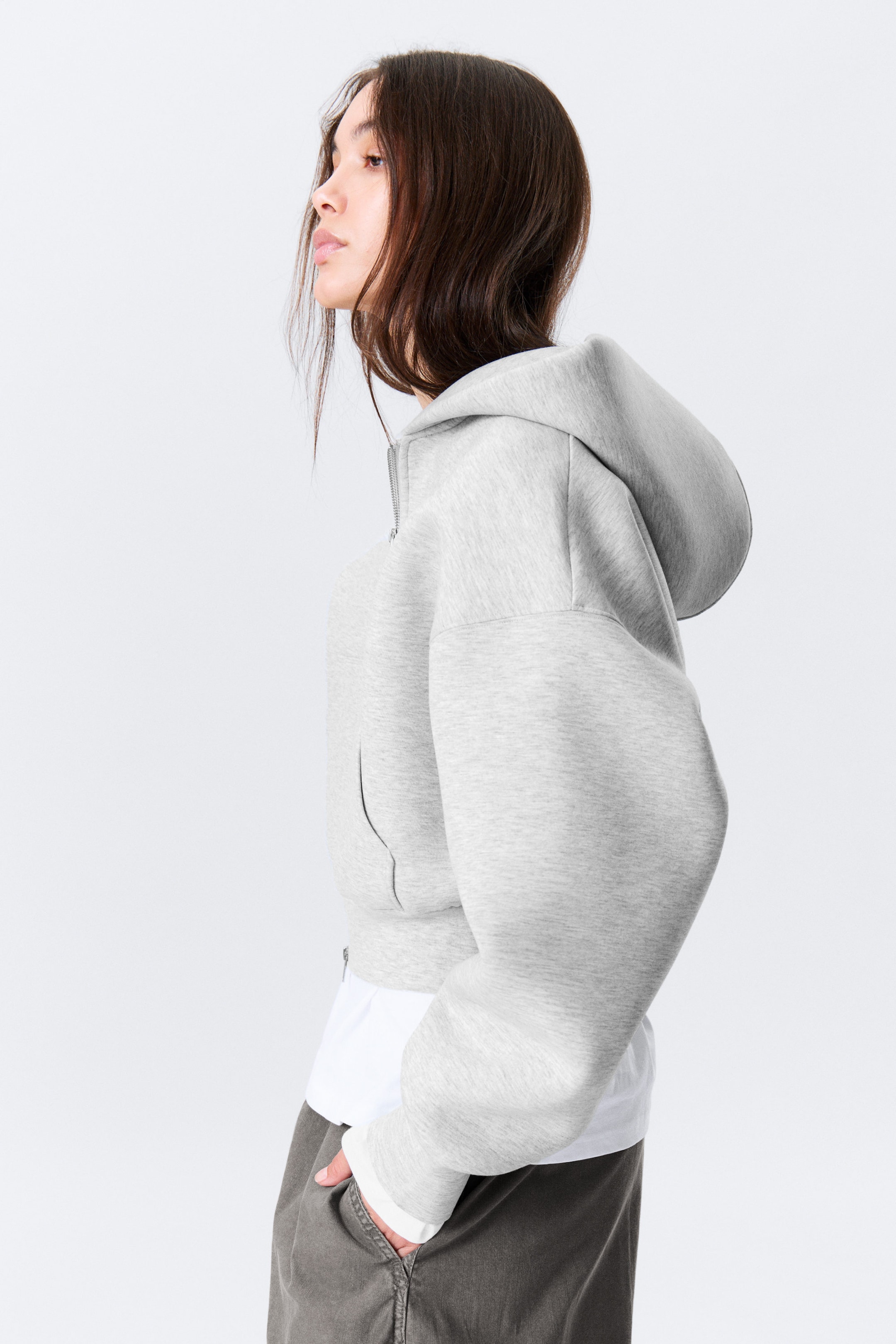 Grey Melange - Loose Fit Scuba Zip Hoodie - 2