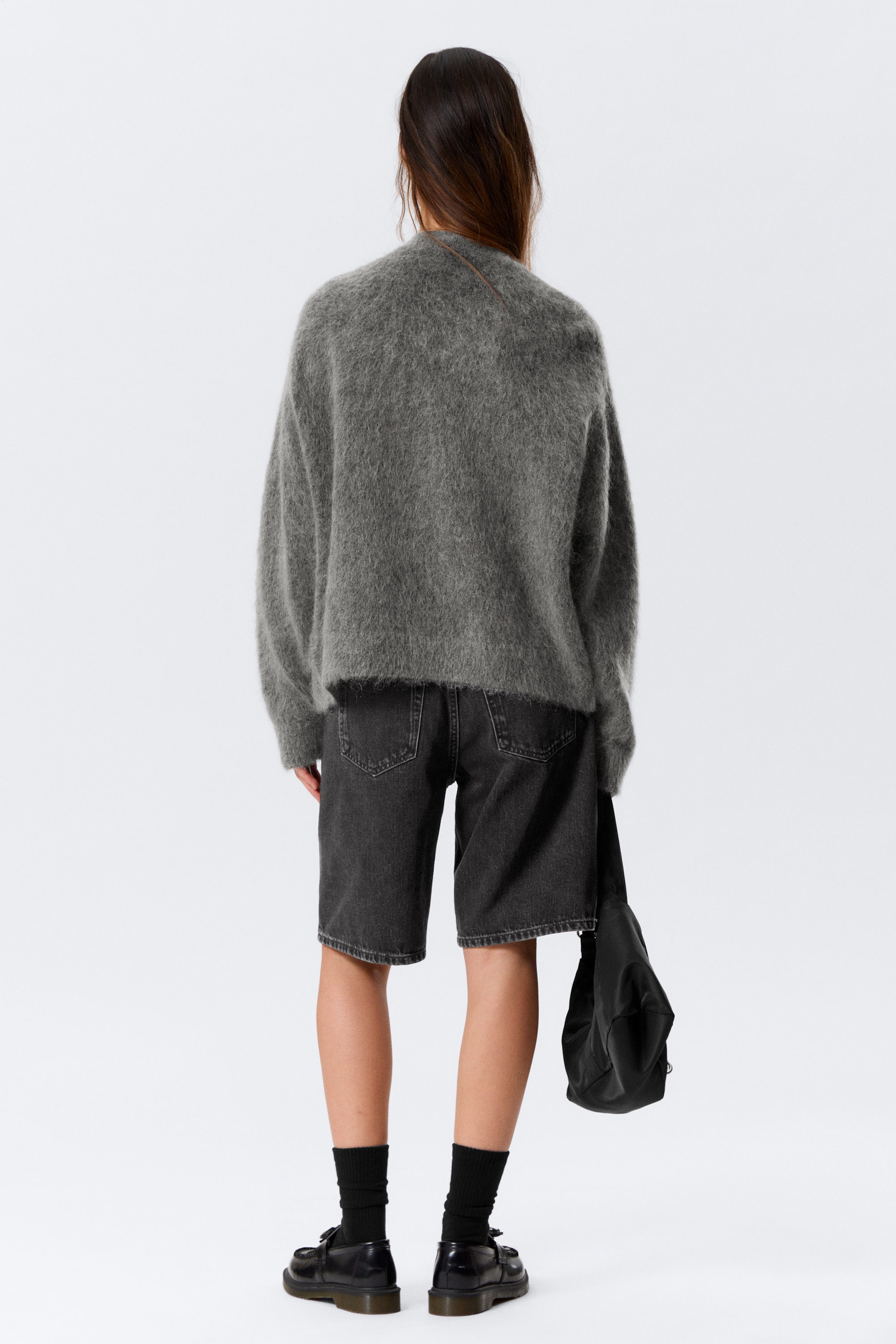 Dark Grey - Loose Fit Mohair Blend V-Neck Cardigan - 3