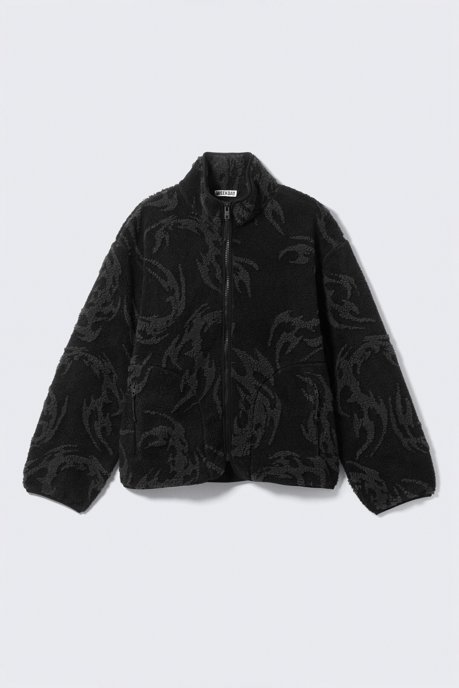 Jacquard Pattern Pile Zip Jacket - Black - Tribal - 2