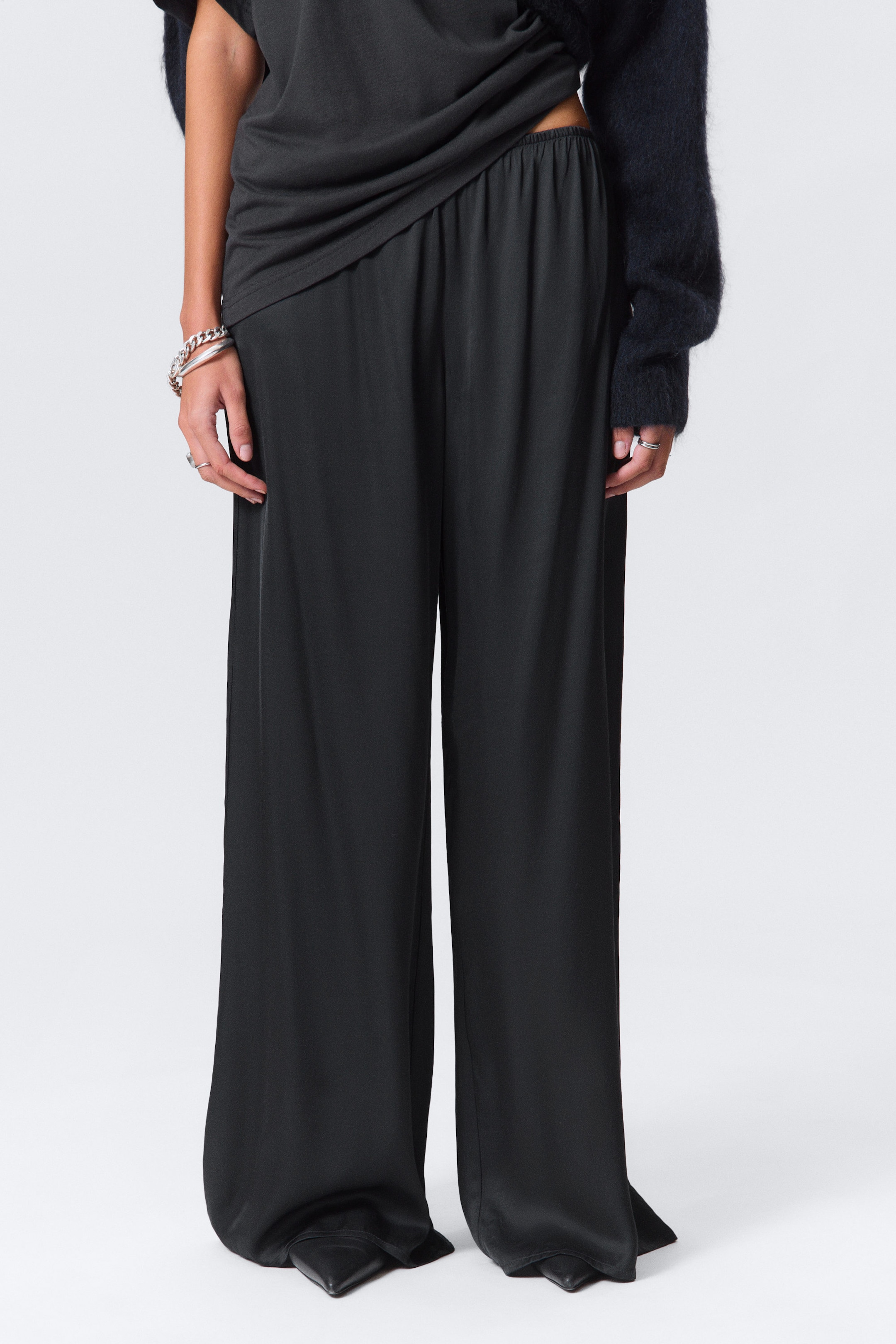 Dark Grey - Draped Wide-Leg Satin Trousers - 1