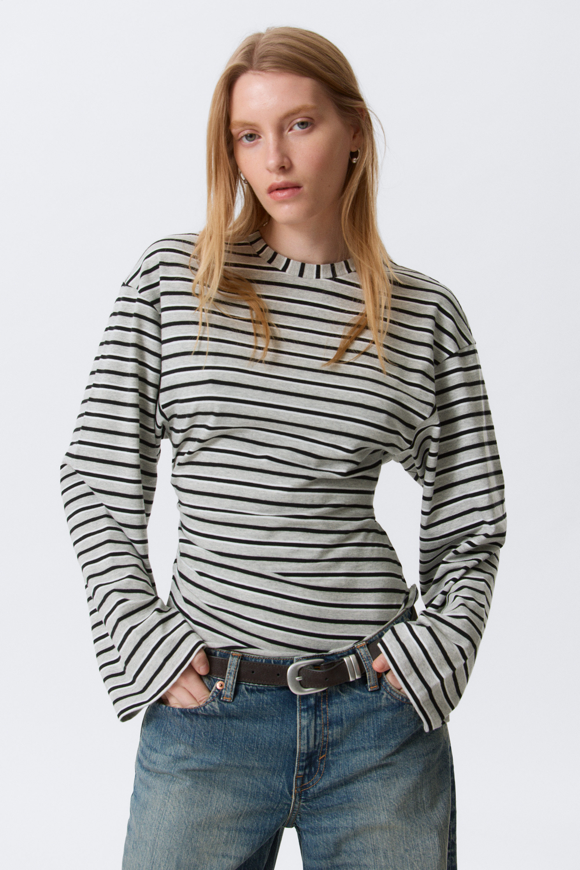 Striped Grey Melange - T-shirt met lange mouwen en ruches - 1