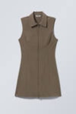 Dark Mole - Stripe - Sleeveless Mini Suiting Zip Dress - 0