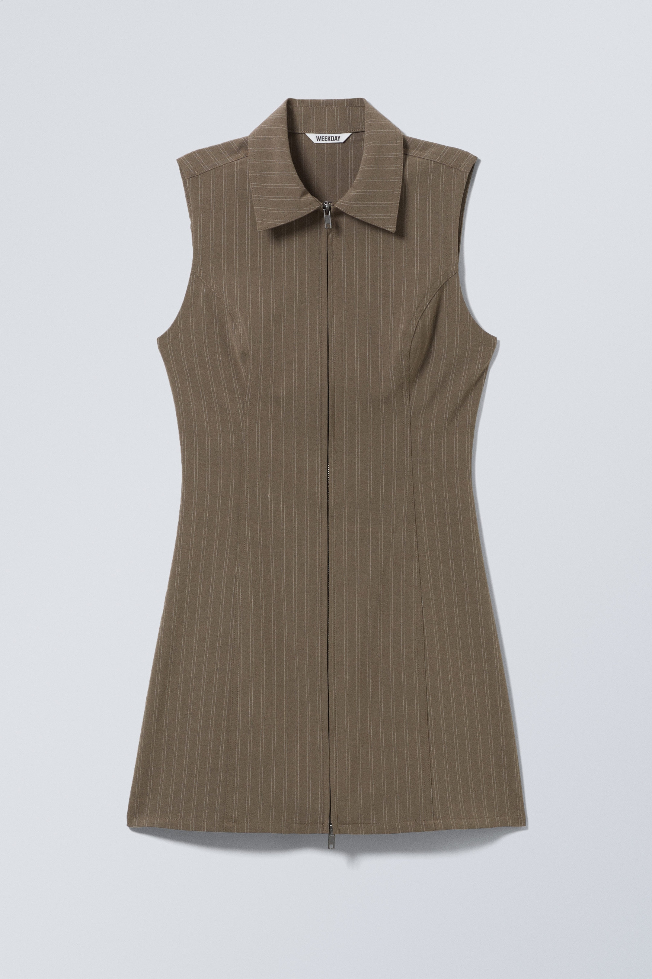 Dark Mole - Stripe - Sleeveless Mini Suiting Zip Dress - 0