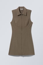 Dark Mole - Stripe - Sleeveless Mini Suiting Zip Dress - 0