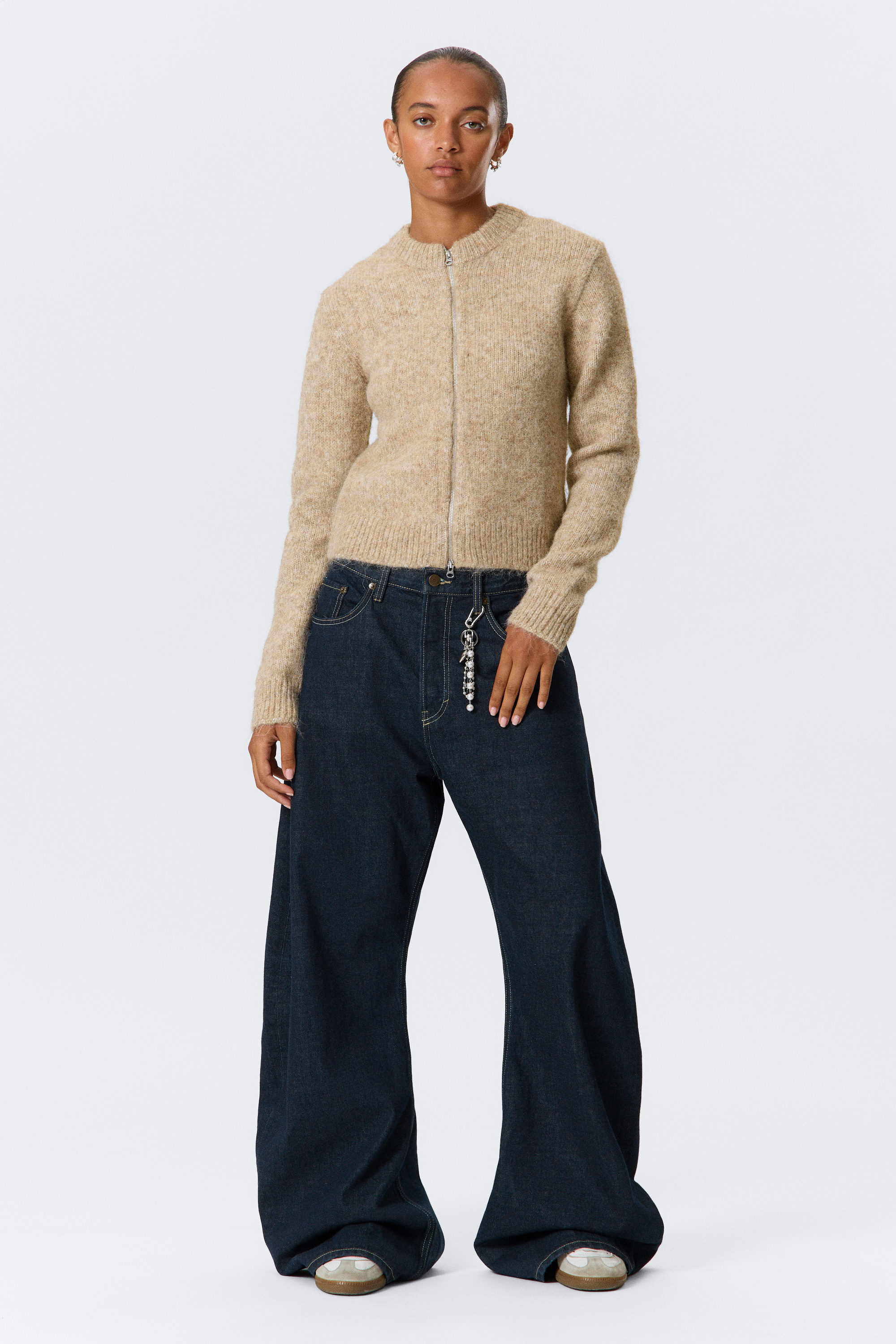 Beige Melange - Slim Knitted Zip Cardigan - 2