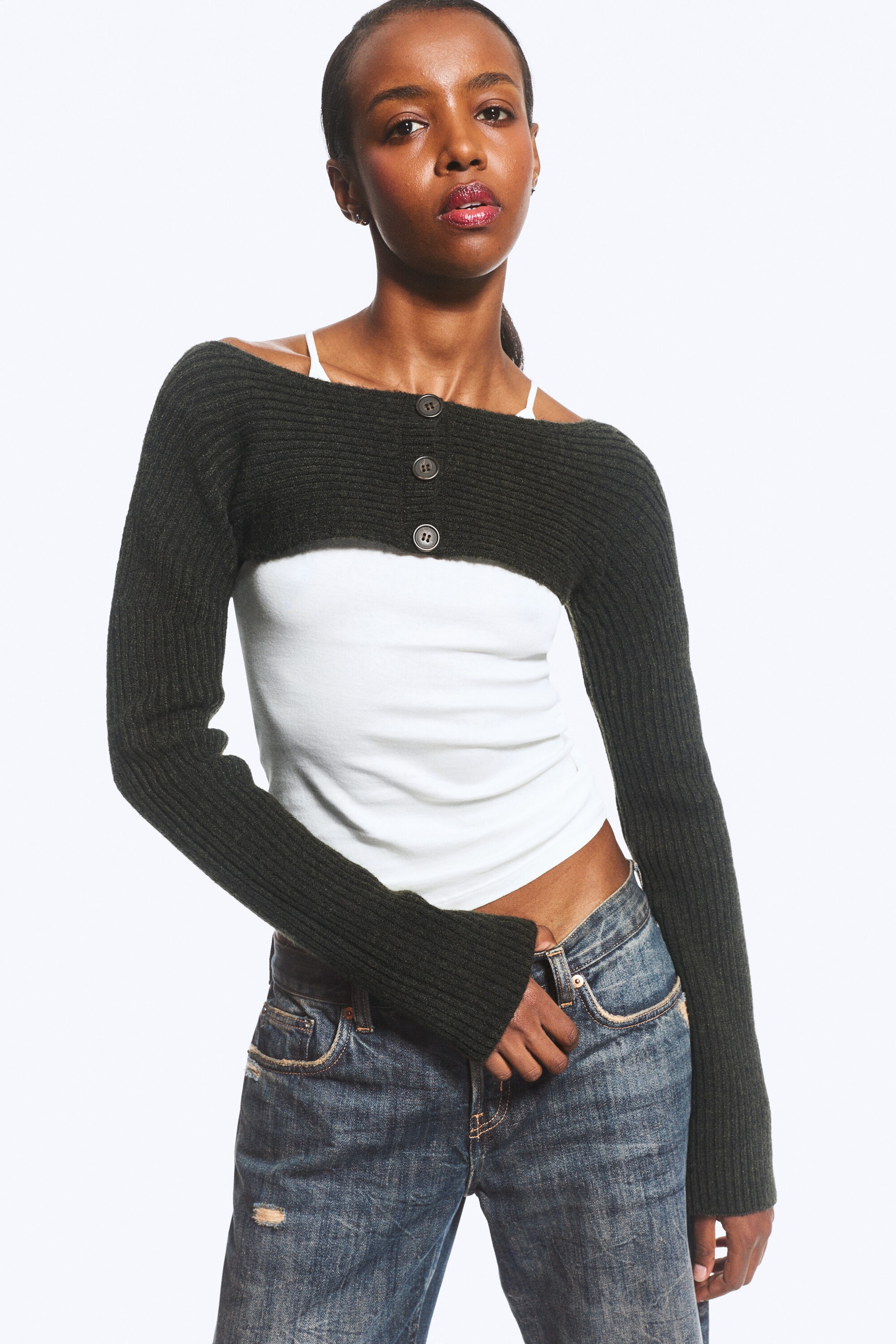 Dark Green Melange - Rib-Knit Boat-Neck Bolero Cardigan - 0