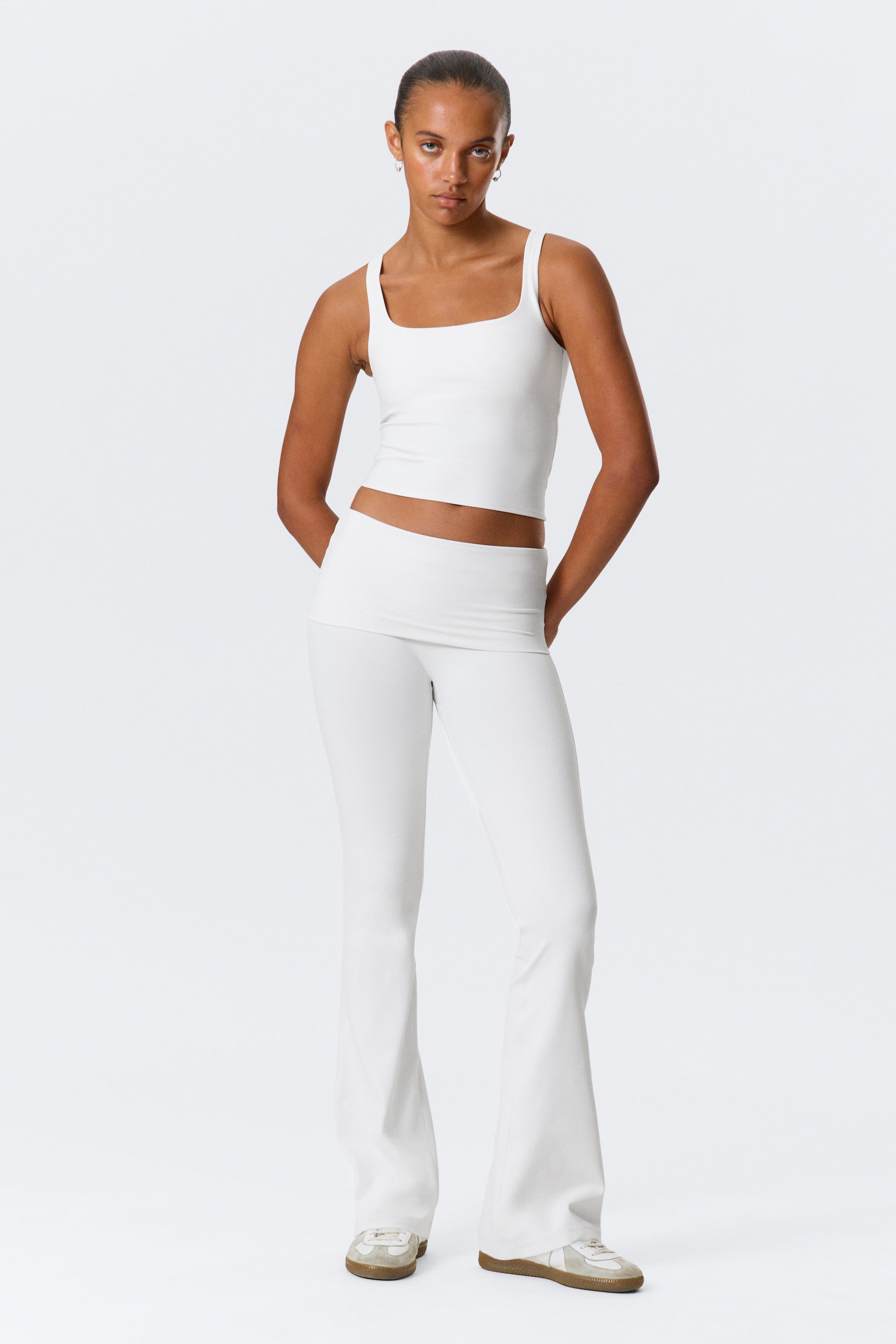 White - Folded Waist Flared Yoga Tights - 2