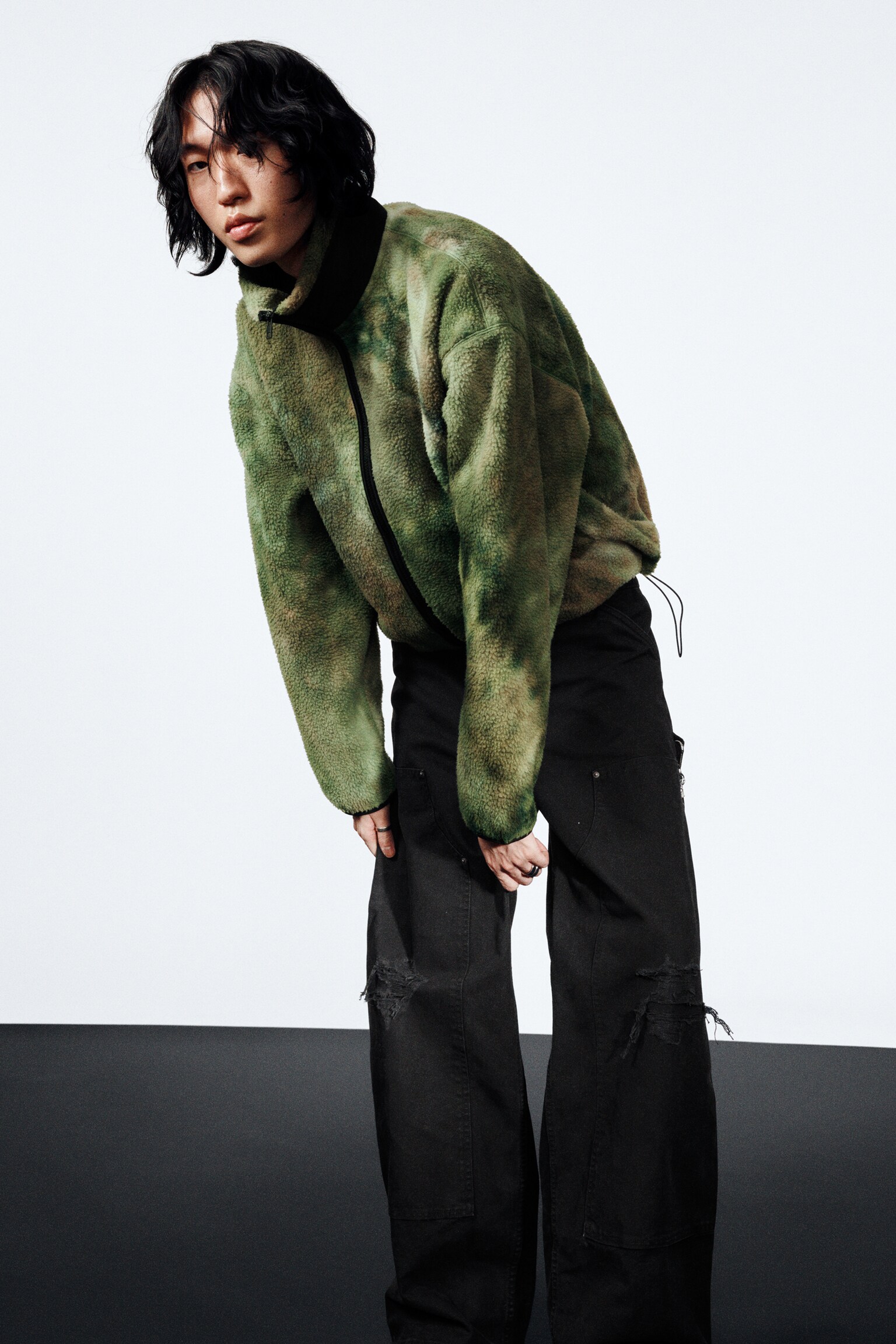 Loose Fit Zip Fleece Jacket - Marbled Green/White/Black