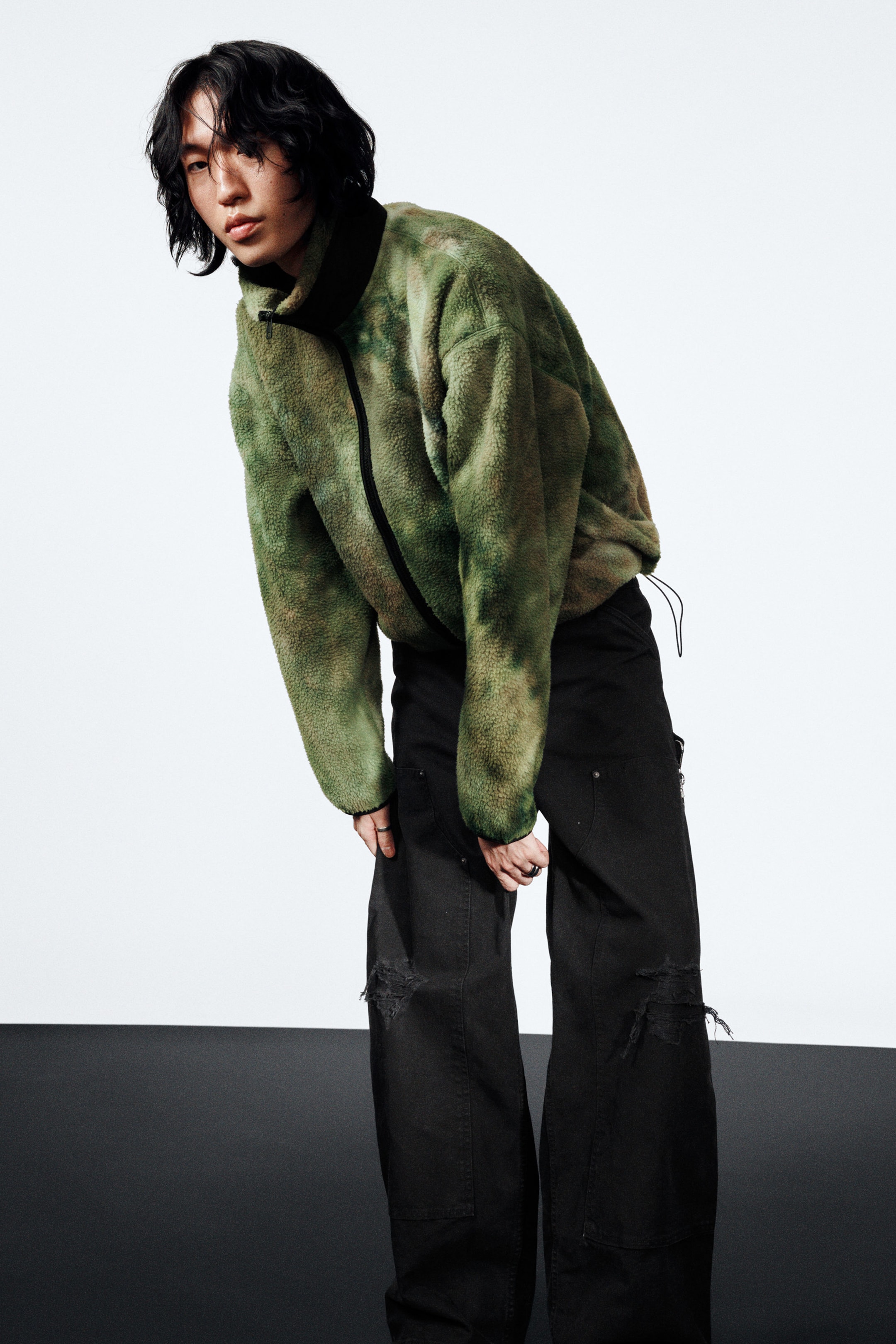 Gemarmerd groen - Fleecejack met rits - Loose Fit - 1