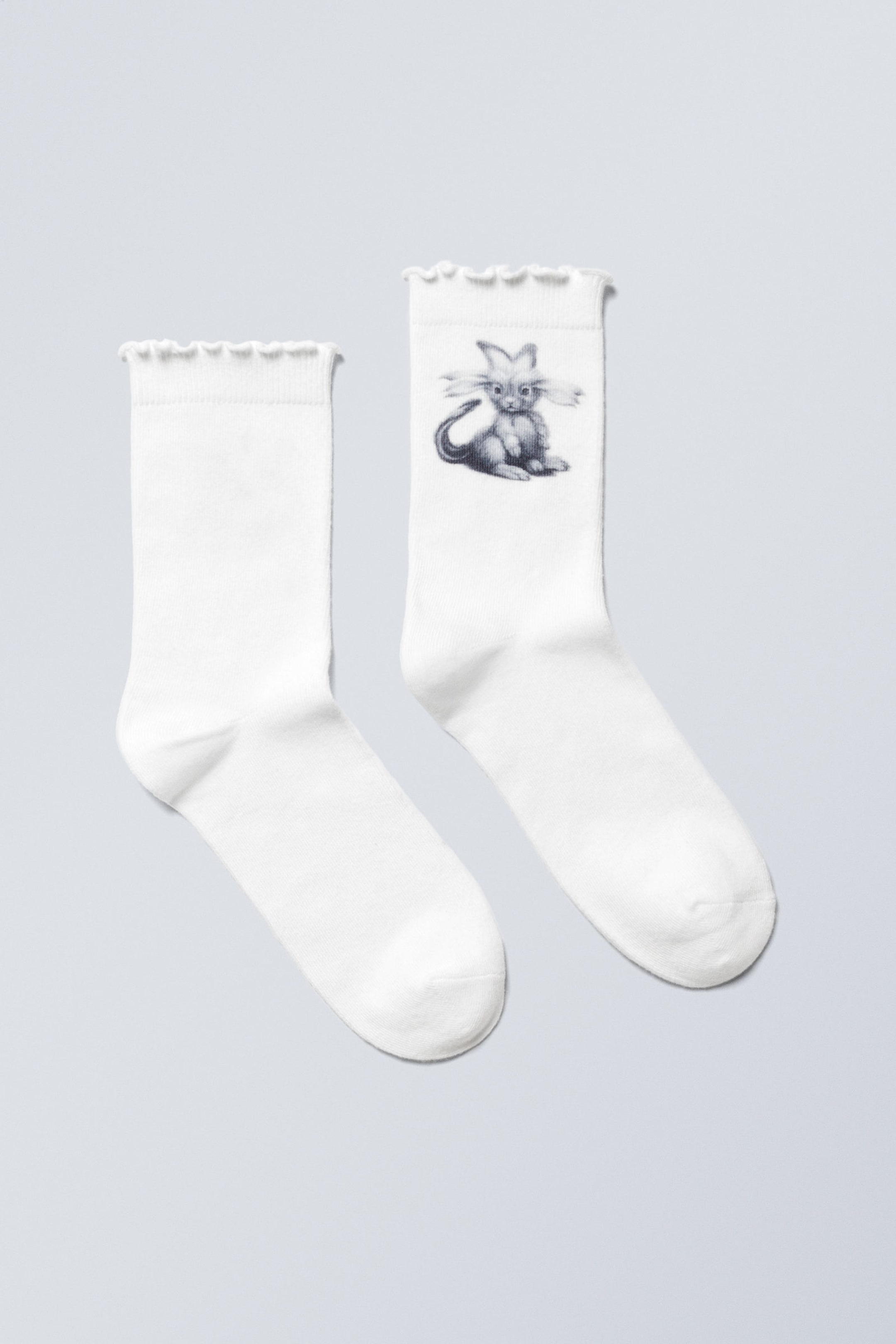 White - Cat Print - Frilled Printed Socks - 0