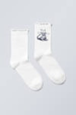 White - Cat Print - Frilled Printed Socks - 0