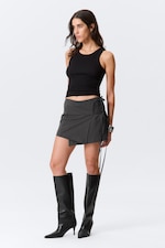 Dark Grey Melange - Strappy Mini Wrap Skirt - 1