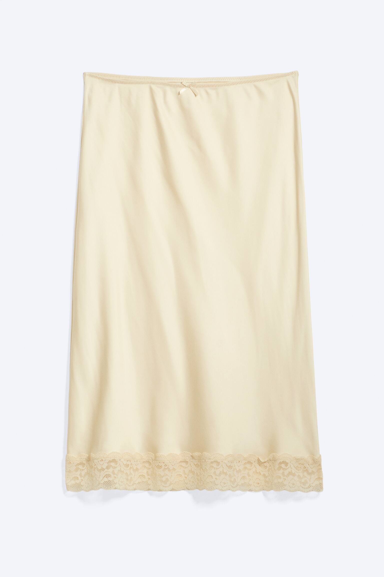 Midi-kjol i satin med spets-Ljusbeige - 2