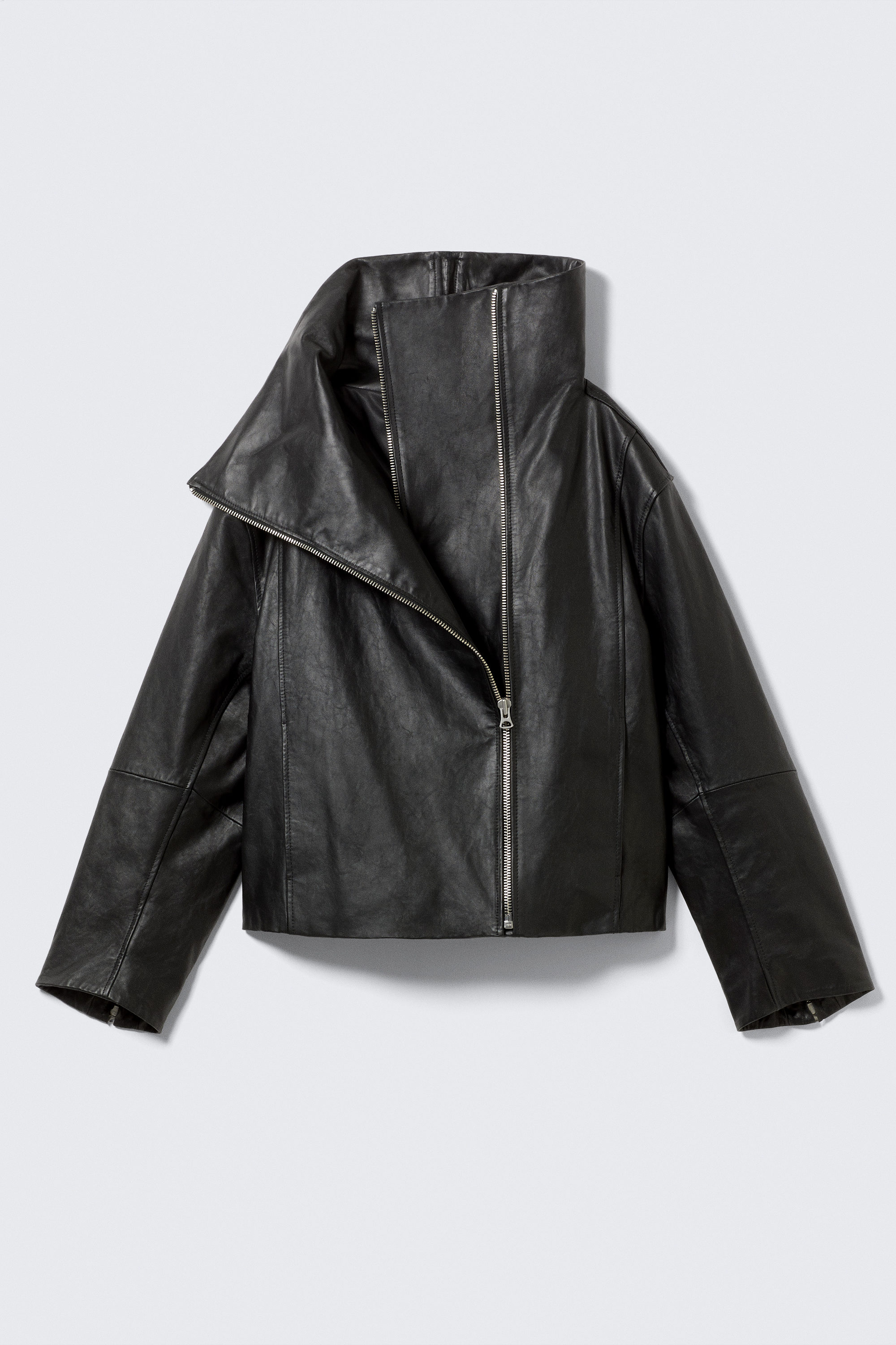 Svart - Läderjacka med hög krage - 1