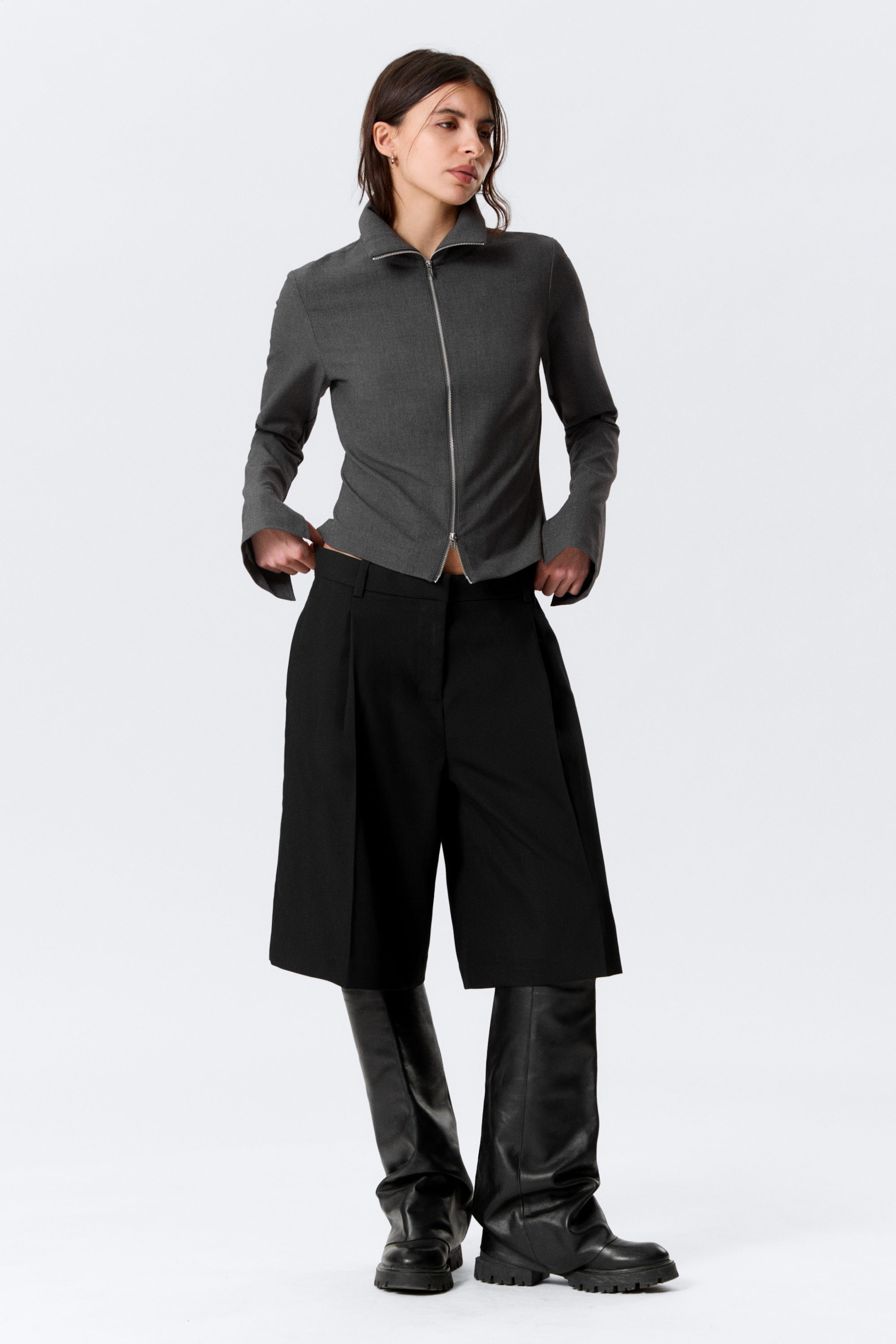 Dark Grey Melange - Slim Long-Sleeved Zip Shirt - 2