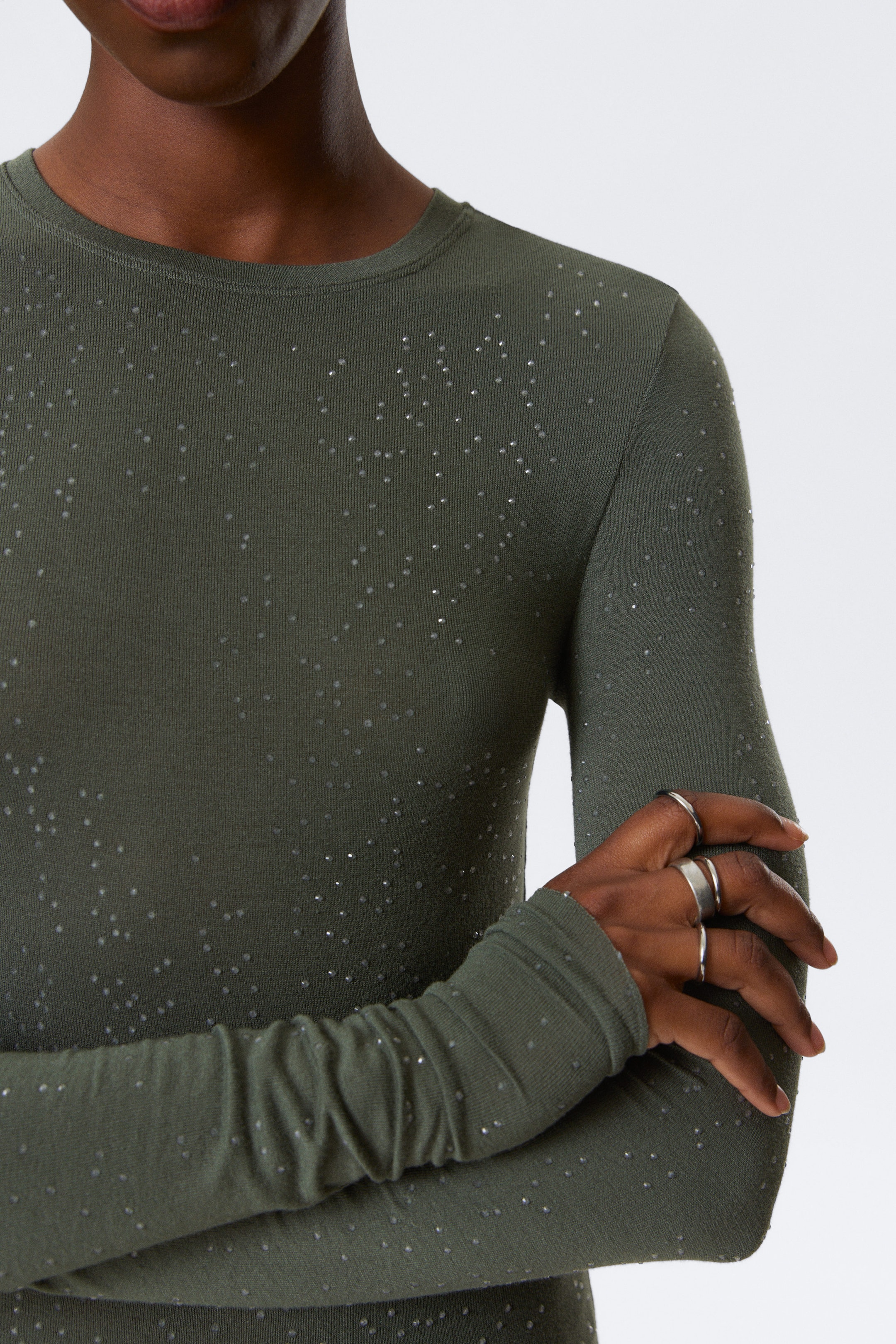 Dark Khaki Green - Slim Fit Printed Rhinestone Top - 2