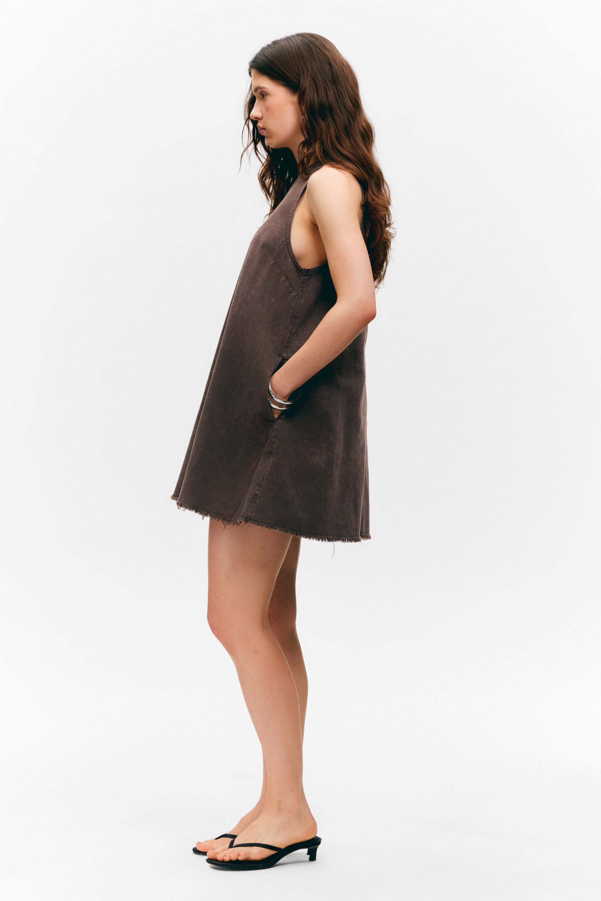 Washed Dark Brown - Sleeveless Cotton Twill Mini Dress - 2