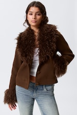 Dark Brown - Cropped Faux Fur Trim Jacket - 1