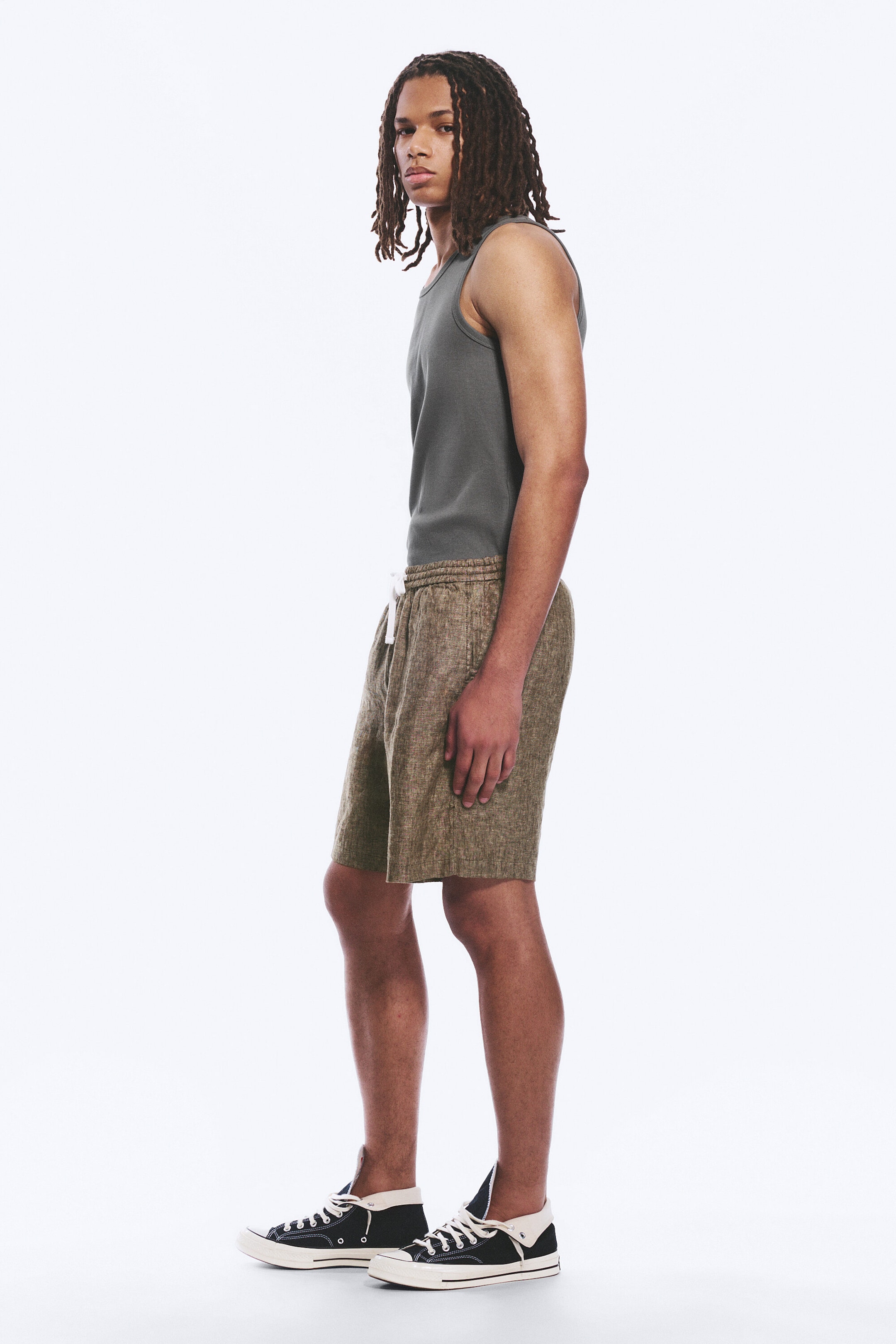 Dark Brown Melange - Relaxed Linen Drawstring Shorts - 2